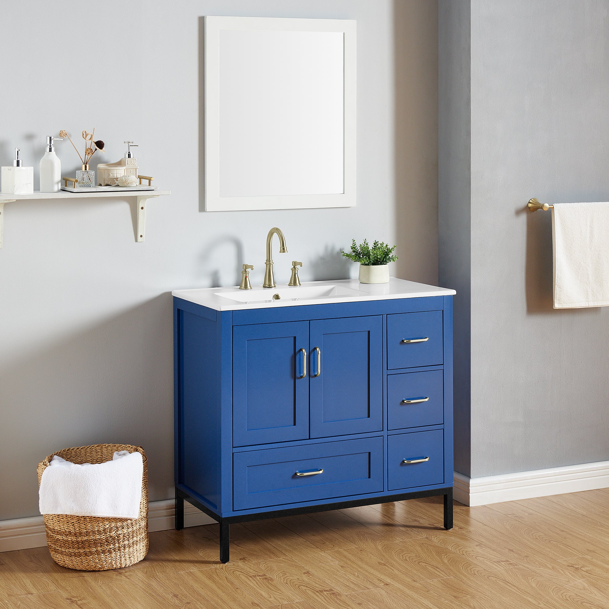 36 Inches MDF Freestanding Bathroom Vanity with Integrated Ceramic Sink and Doors