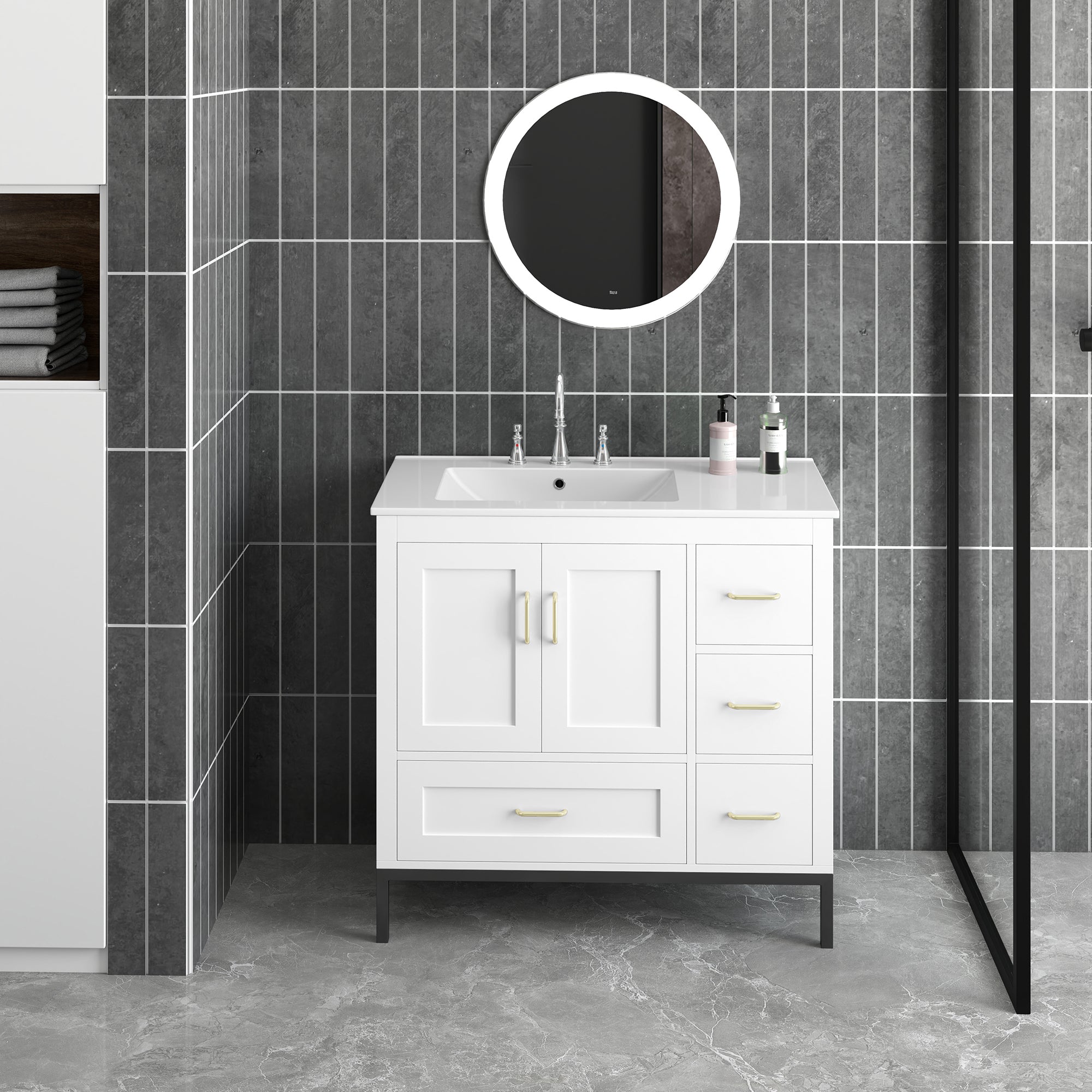36 Inches MDF Freestanding Bathroom Vanity with Integrated Ceramic Sink and Doors