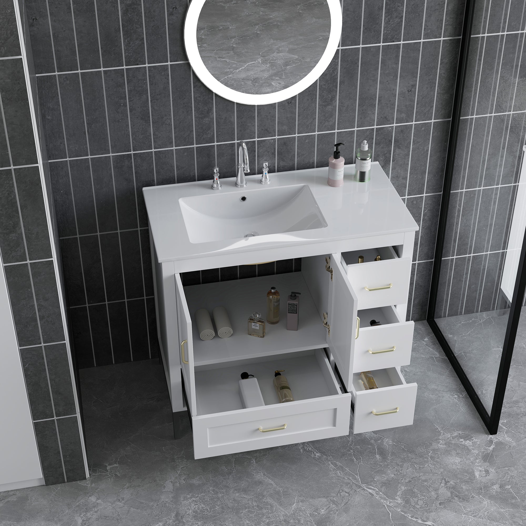 36 Inches MDF Freestanding Bathroom Vanity with Integrated Ceramic Sink and Doors