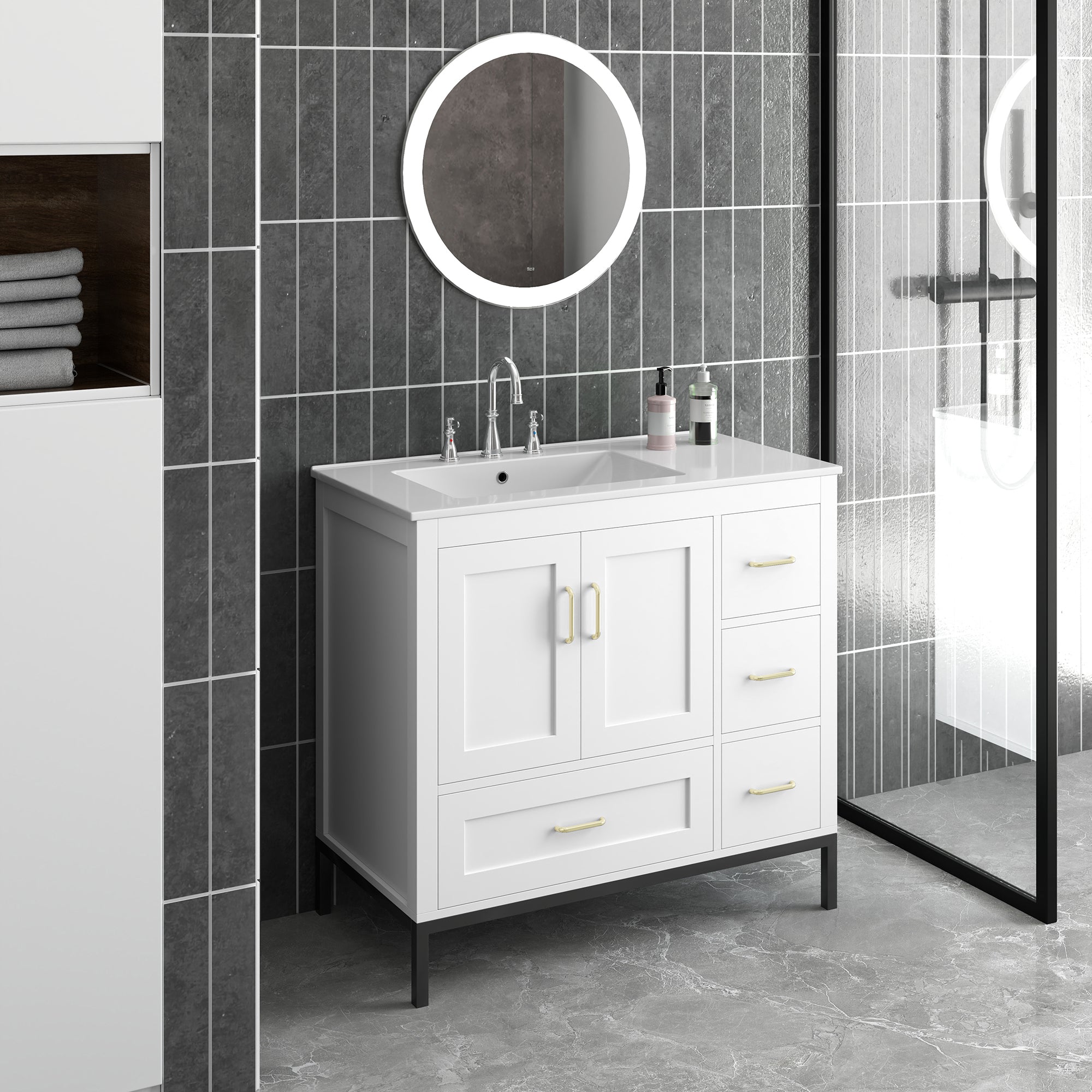 36 Inches MDF Freestanding Bathroom Vanity with Integrated Ceramic Sink and Doors