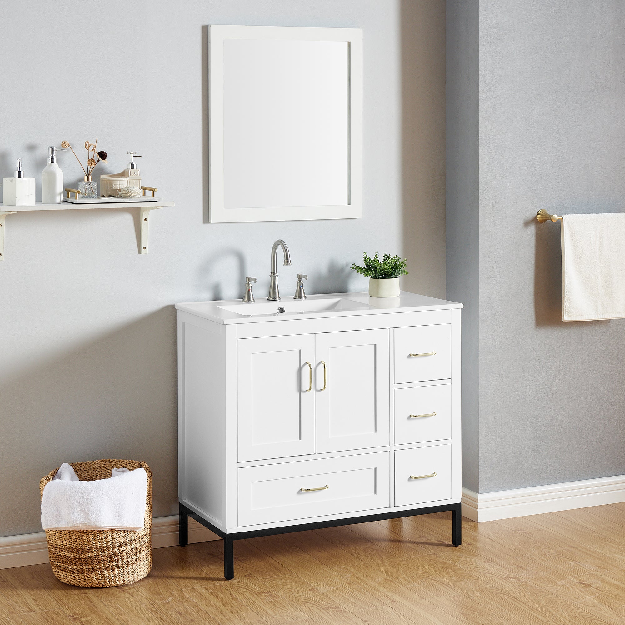 36 Inches MDF Freestanding Bathroom Vanity with Integrated Ceramic Sink and Doors