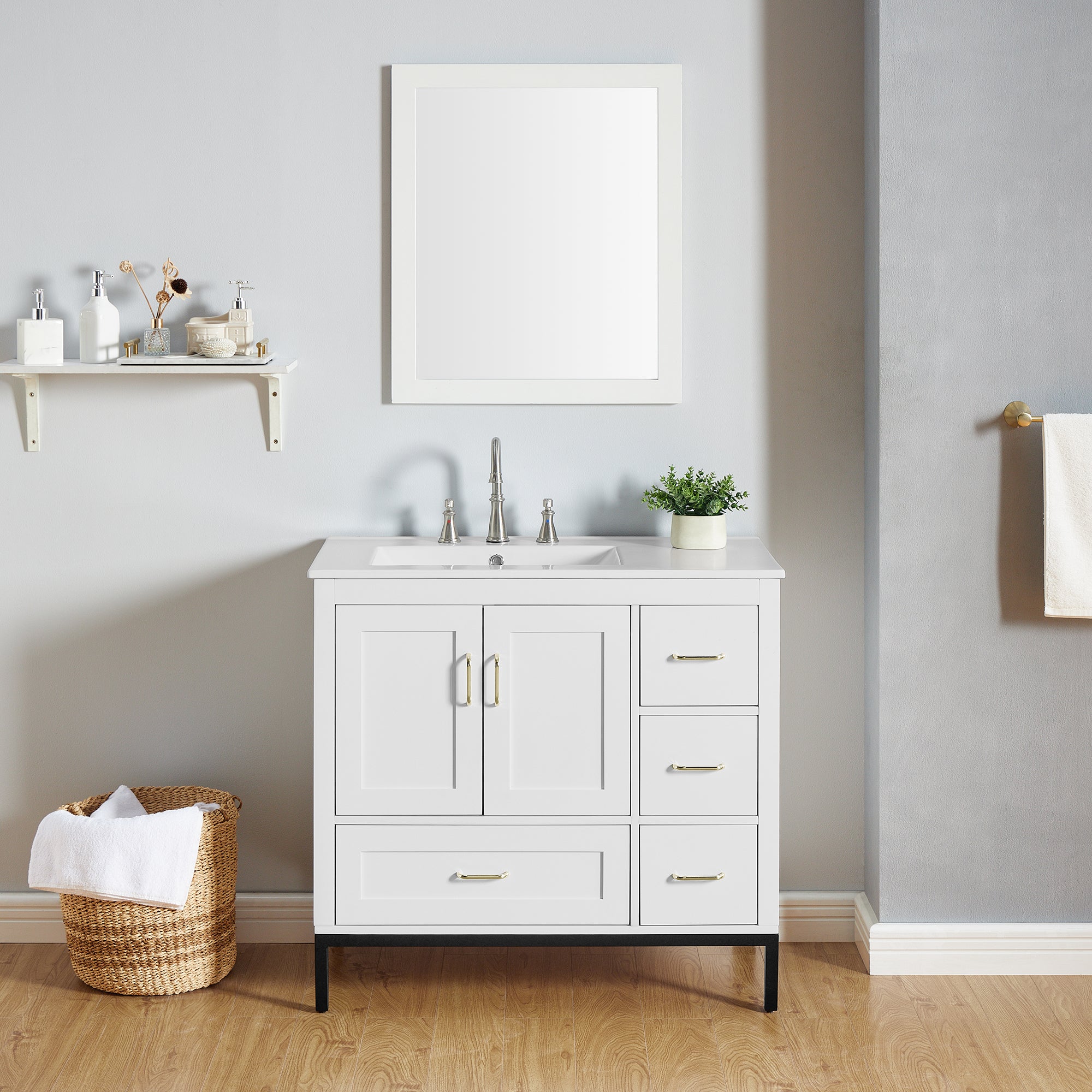 36 Inches MDF Freestanding Bathroom Vanity with Integrated Ceramic Sink and Doors
