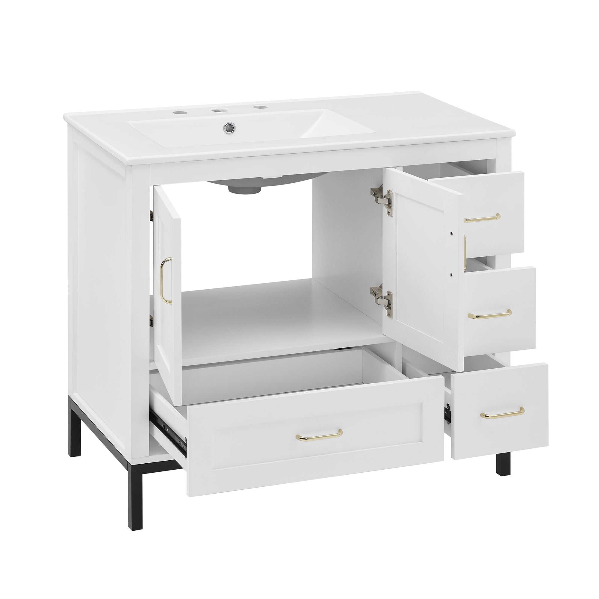 36 Inches MDF Freestanding Bathroom Vanity with Integrated Ceramic Sink and Doors