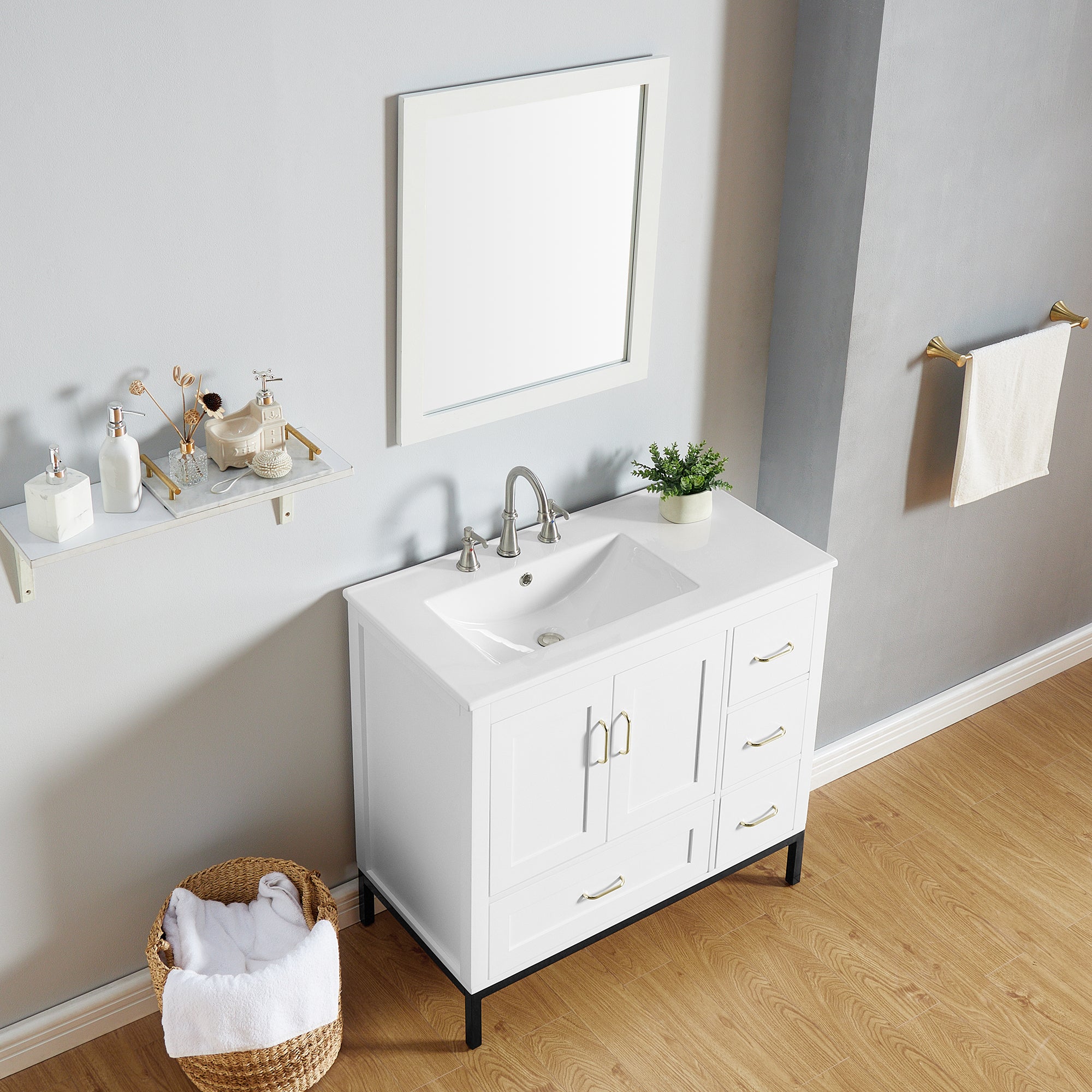 36 Inches MDF Freestanding Bathroom Vanity with Integrated Ceramic Sink and Doors