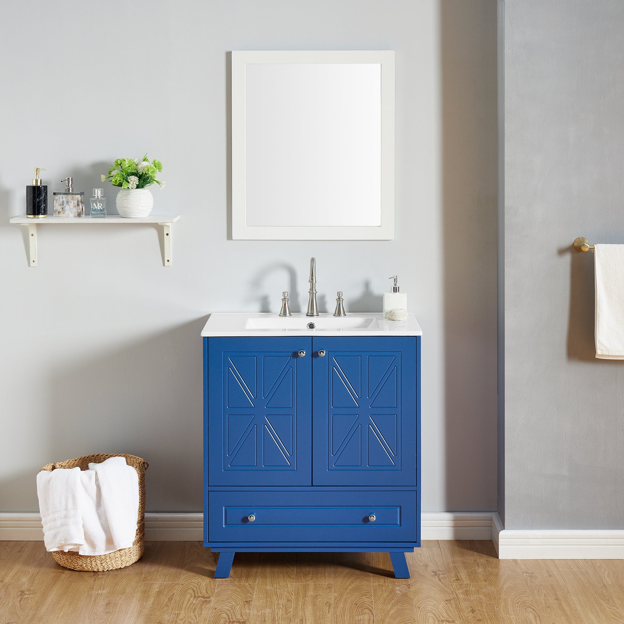 30 Inches MDF Freestanding Bathroom Vanity with Integrated Ceramic Sink and Doors