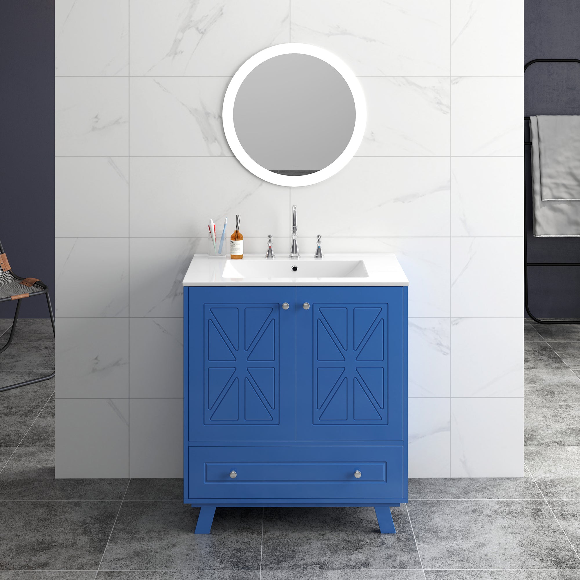 30 Inches MDF Freestanding Bathroom Vanity with Integrated Ceramic Sink and Doors
