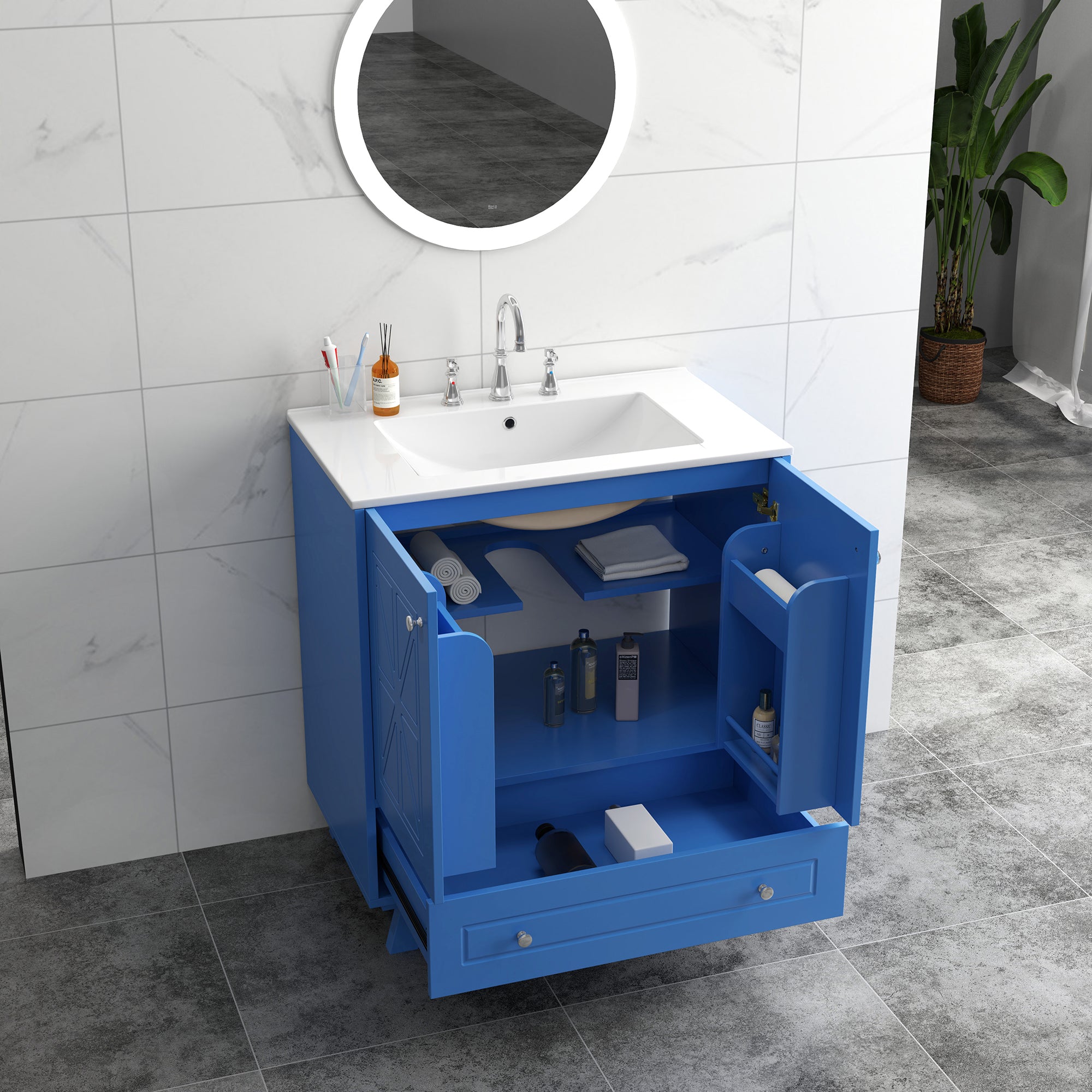 30 Inches MDF Freestanding Bathroom Vanity with Integrated Ceramic Sink and Doors