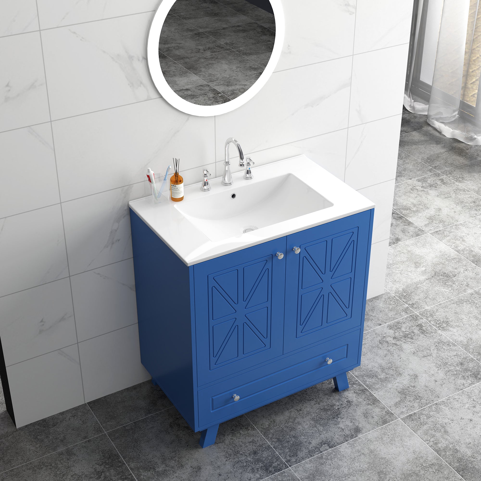 30 Inches MDF Freestanding Bathroom Vanity with Integrated Ceramic Sink and Doors