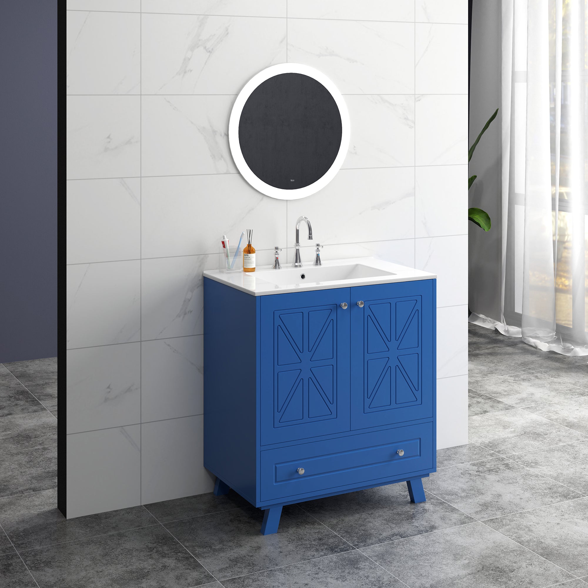 30 Inches MDF Freestanding Bathroom Vanity with Integrated Ceramic Sink and Doors