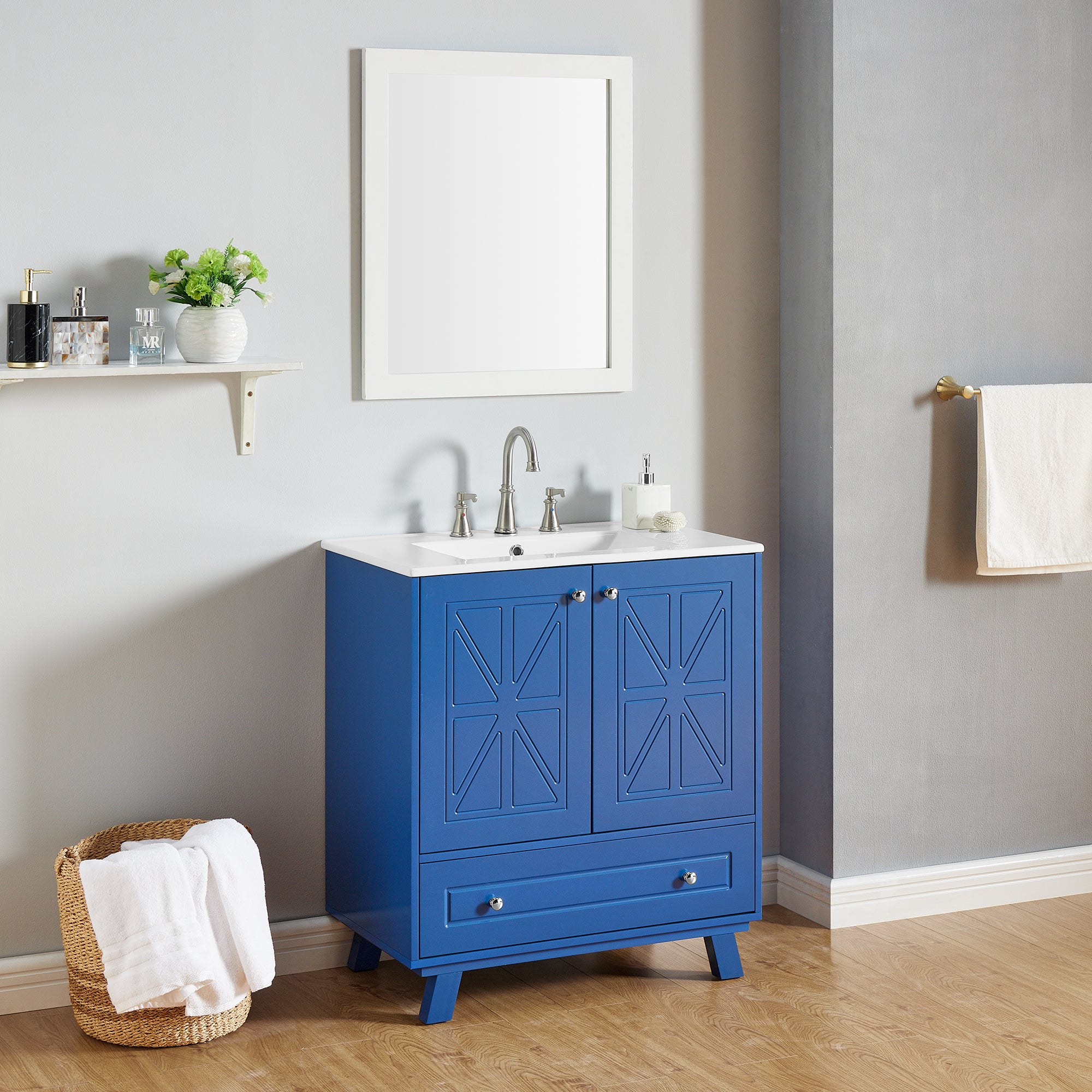 30 Inches MDF Freestanding Bathroom Vanity with Integrated Ceramic Sink and Doors