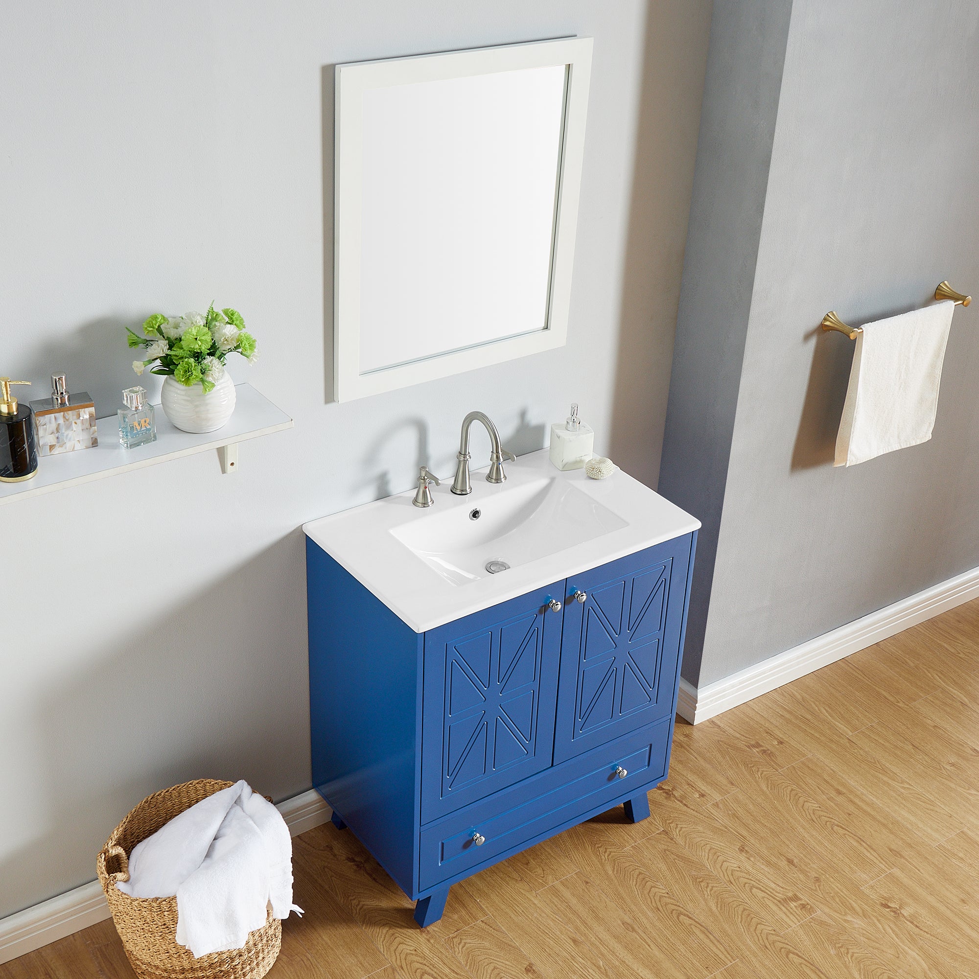 30 Inches MDF Freestanding Bathroom Vanity with Integrated Ceramic Sink and Doors