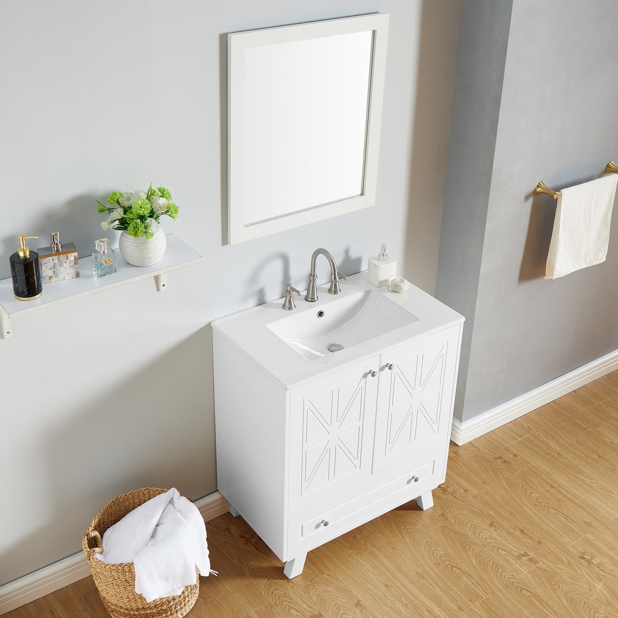30 Inches MDF Freestanding Bathroom Vanity with Integrated Ceramic Sink and Doors