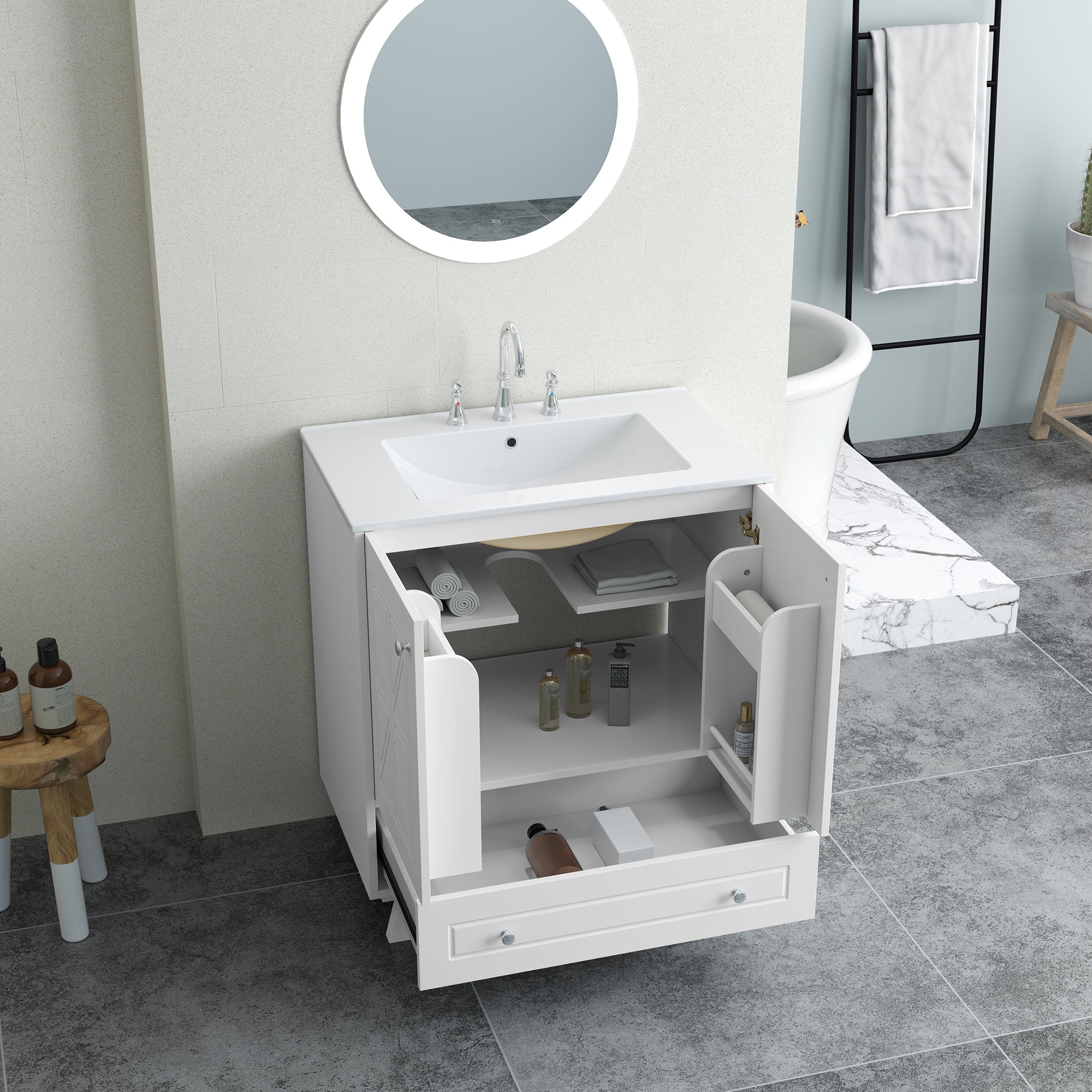 30 Inches MDF Freestanding Bathroom Vanity with Integrated Ceramic Sink and Doors