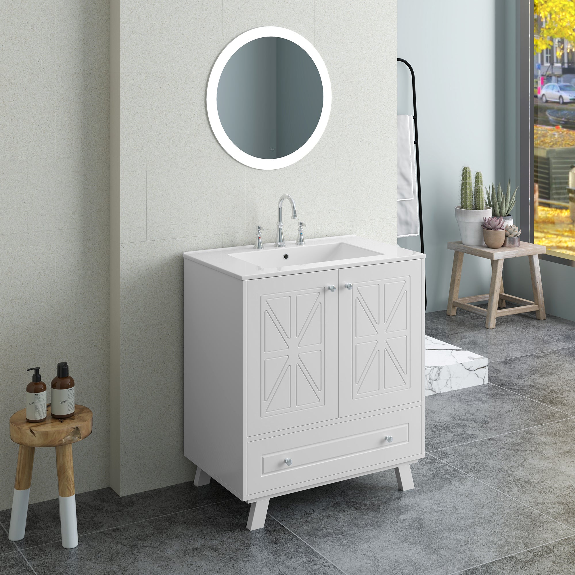 30 Inches MDF Freestanding Bathroom Vanity with Integrated Ceramic Sink and Doors