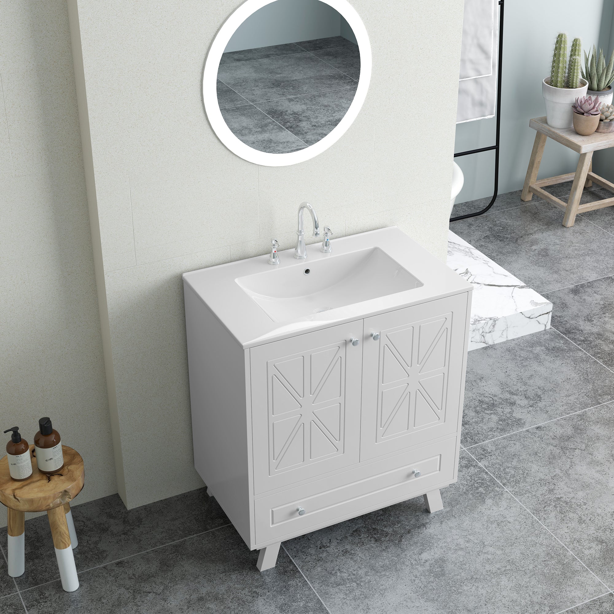 30 Inches MDF Freestanding Bathroom Vanity with Integrated Ceramic Sink and Doors