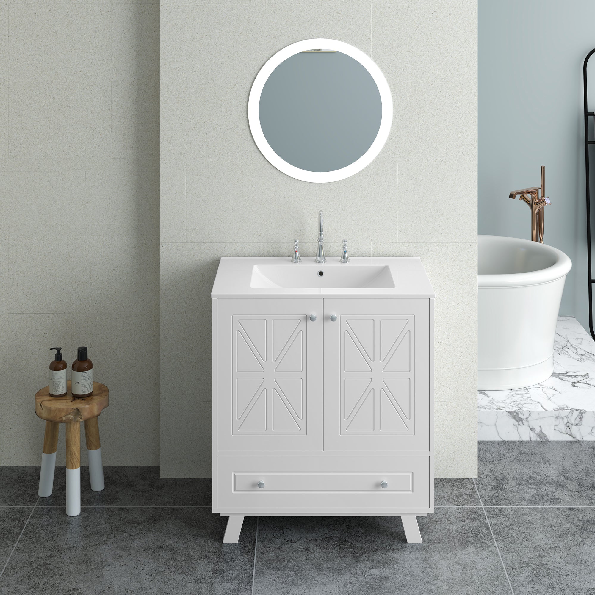 30 Inches MDF Freestanding Bathroom Vanity with Integrated Ceramic Sink and Doors