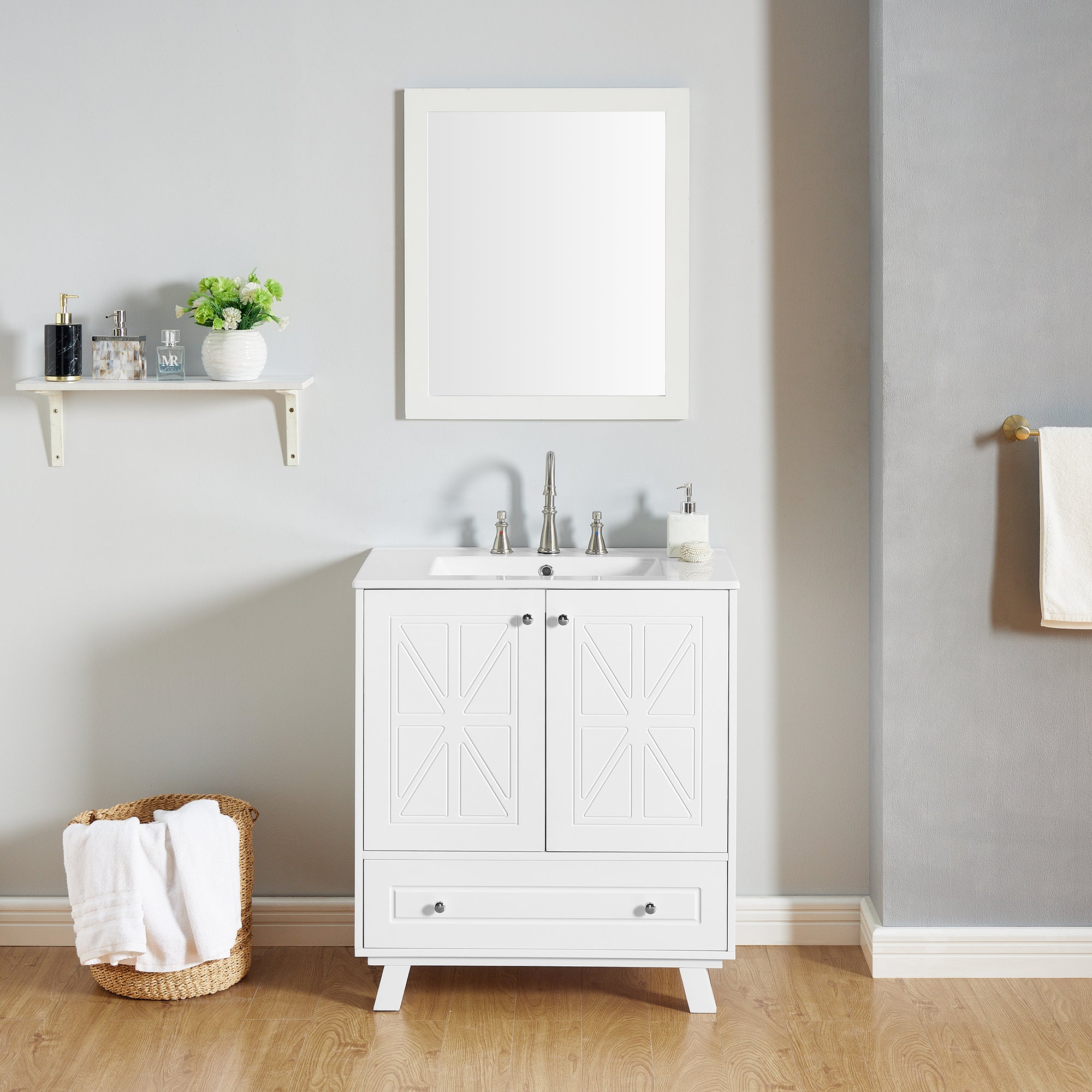 30 Inches MDF Freestanding Bathroom Vanity with Integrated Ceramic Sink and Doors