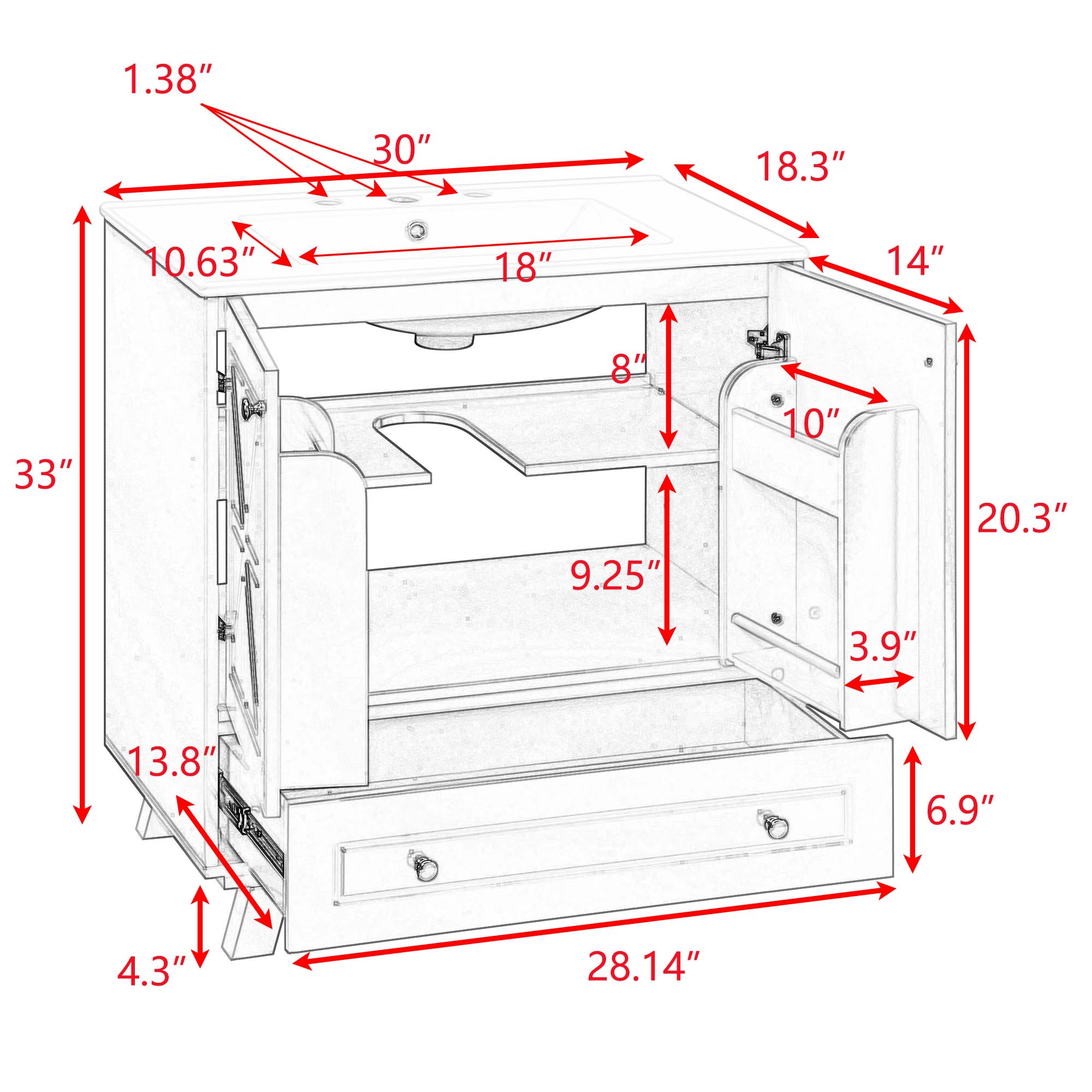 30 Inches MDF Freestanding Bathroom Vanity with Integrated Ceramic Sink and Doors
