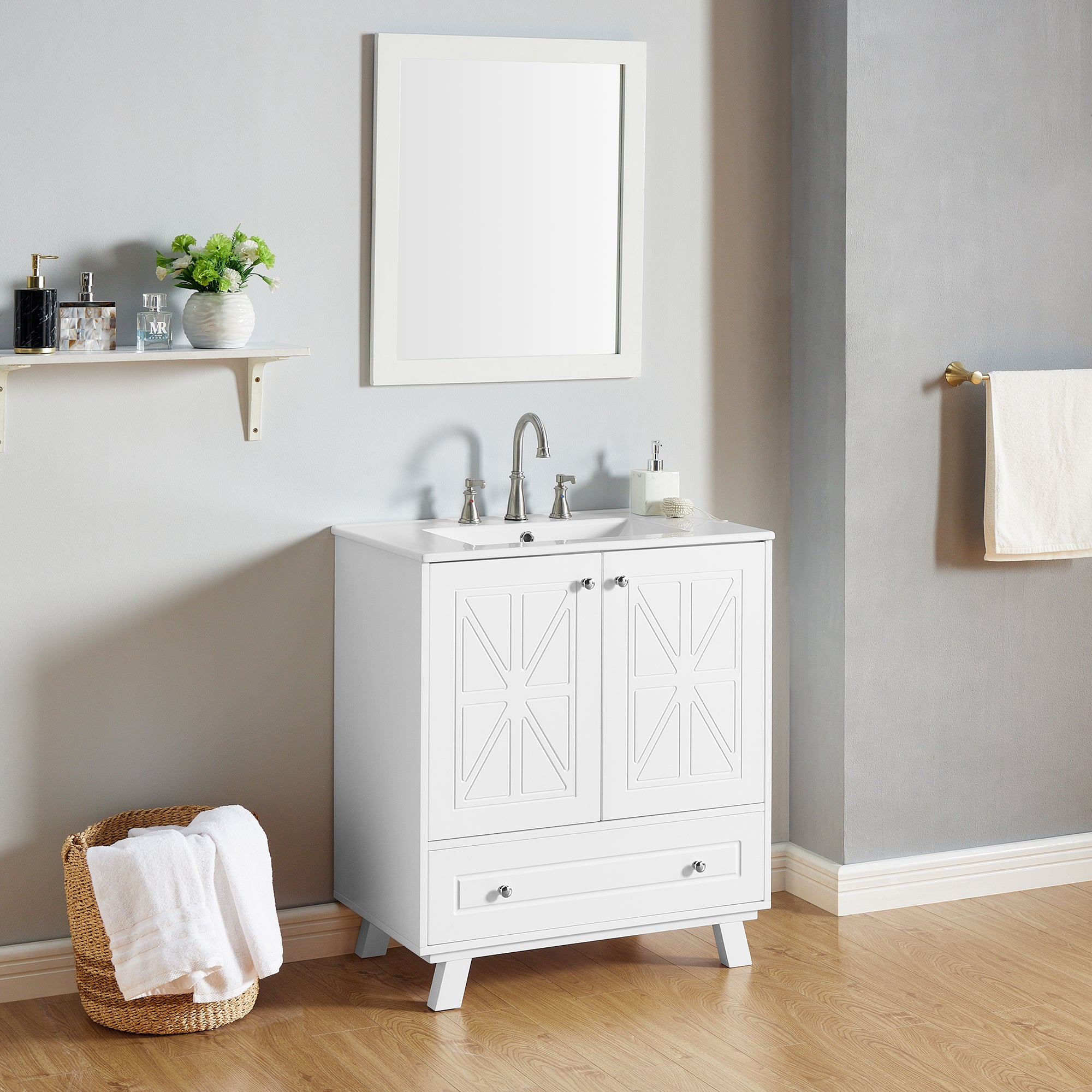 30 Inches MDF Freestanding Bathroom Vanity with Integrated Ceramic Sink and Doors