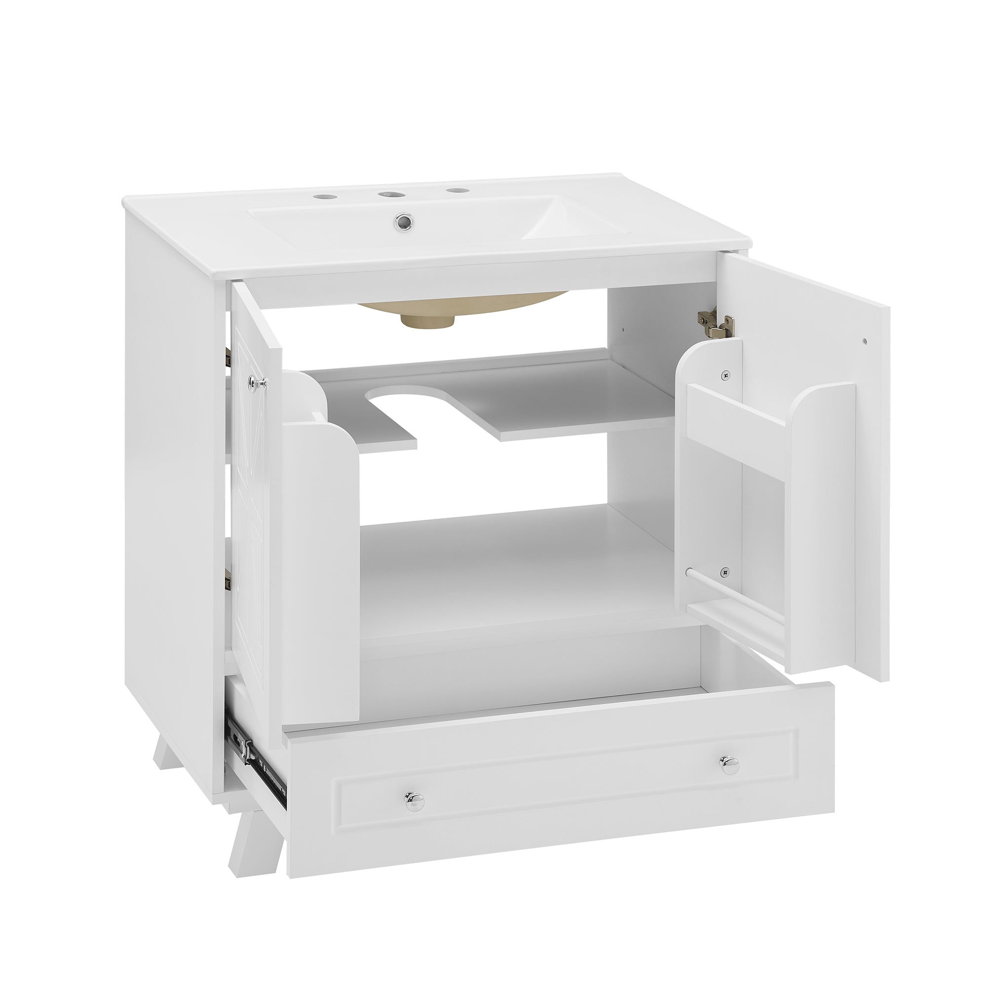 30 Inches MDF Freestanding Bathroom Vanity with Integrated Ceramic Sink and Doors