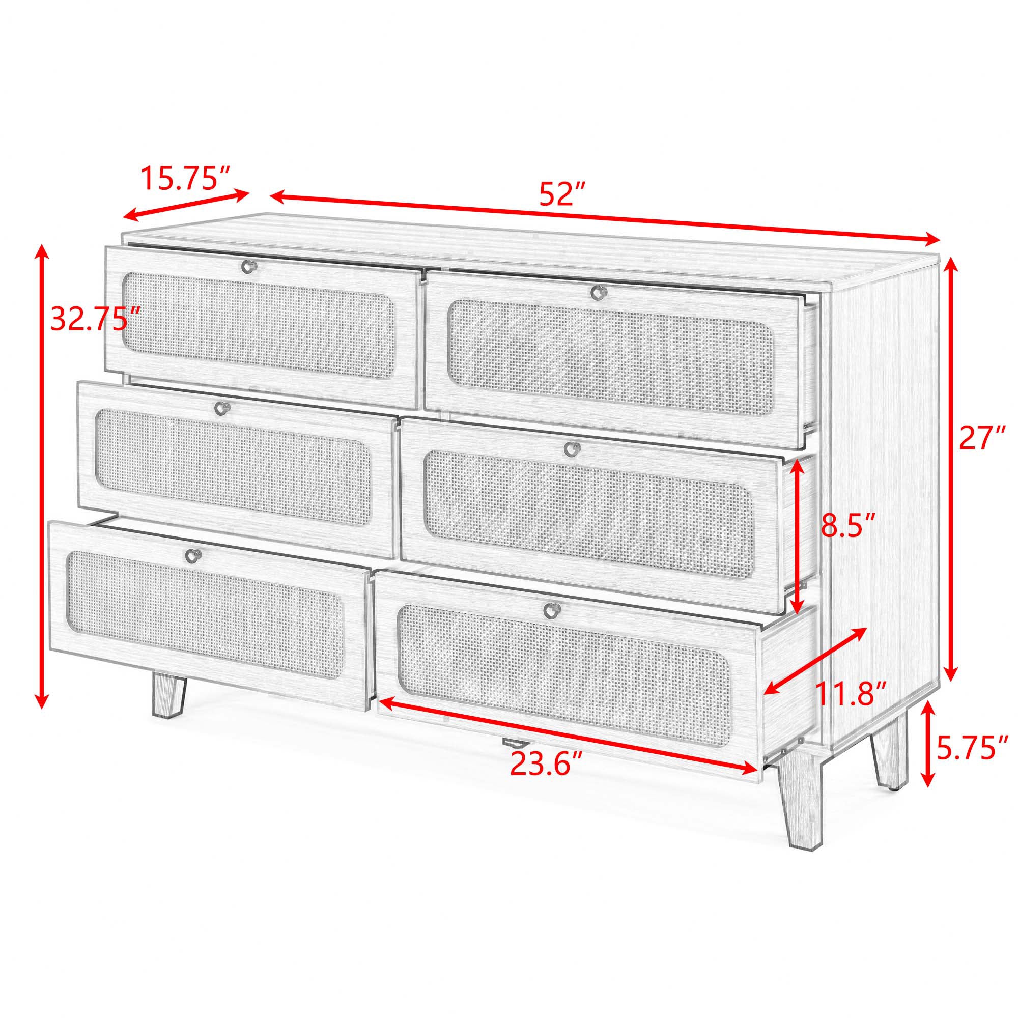 52 Inches 6-Drawer MDF Double Dresser