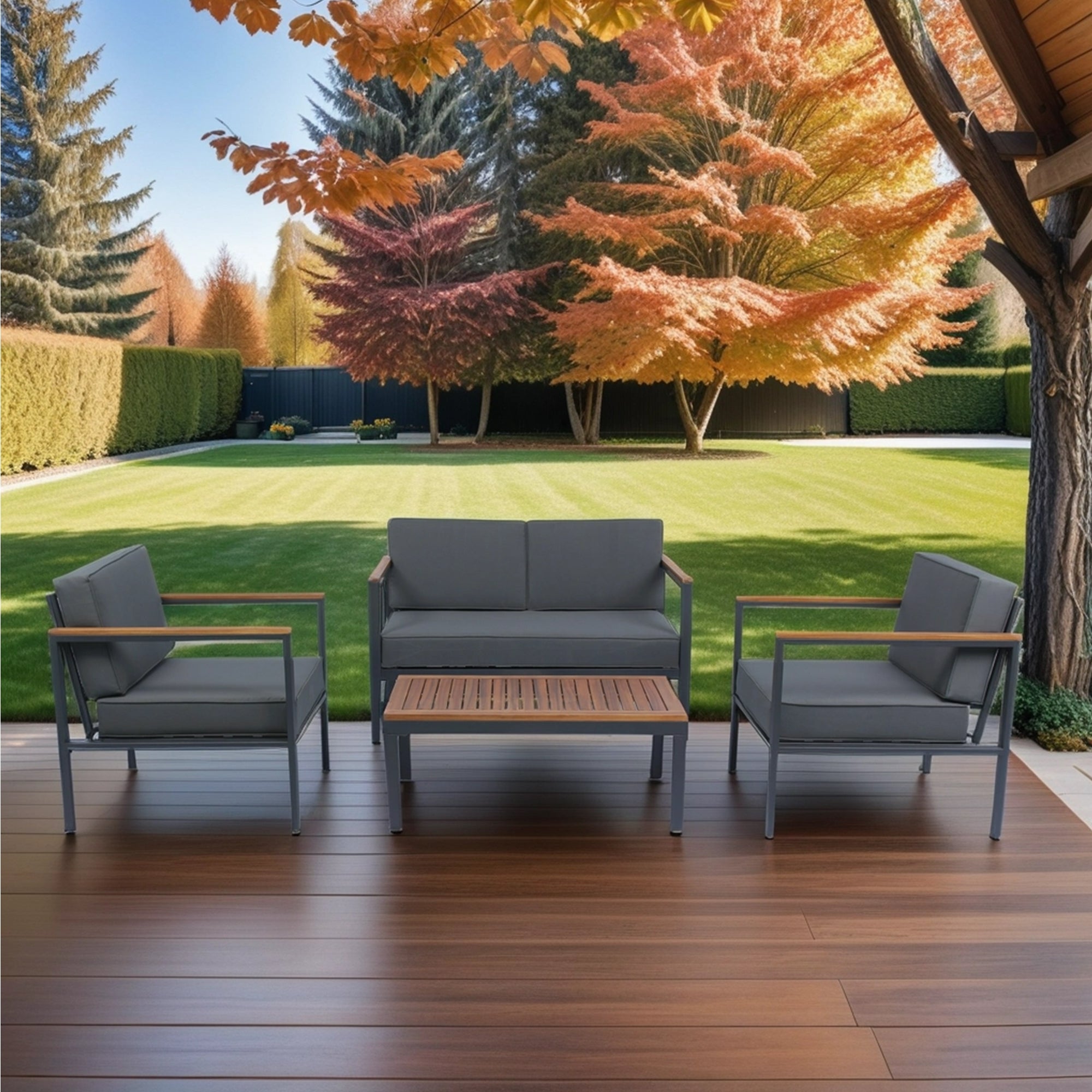 4-Piece Outdoor Patio Sofa Set with Acacia Wood Top and Dark Grey Cushion BOELEPCS01GR