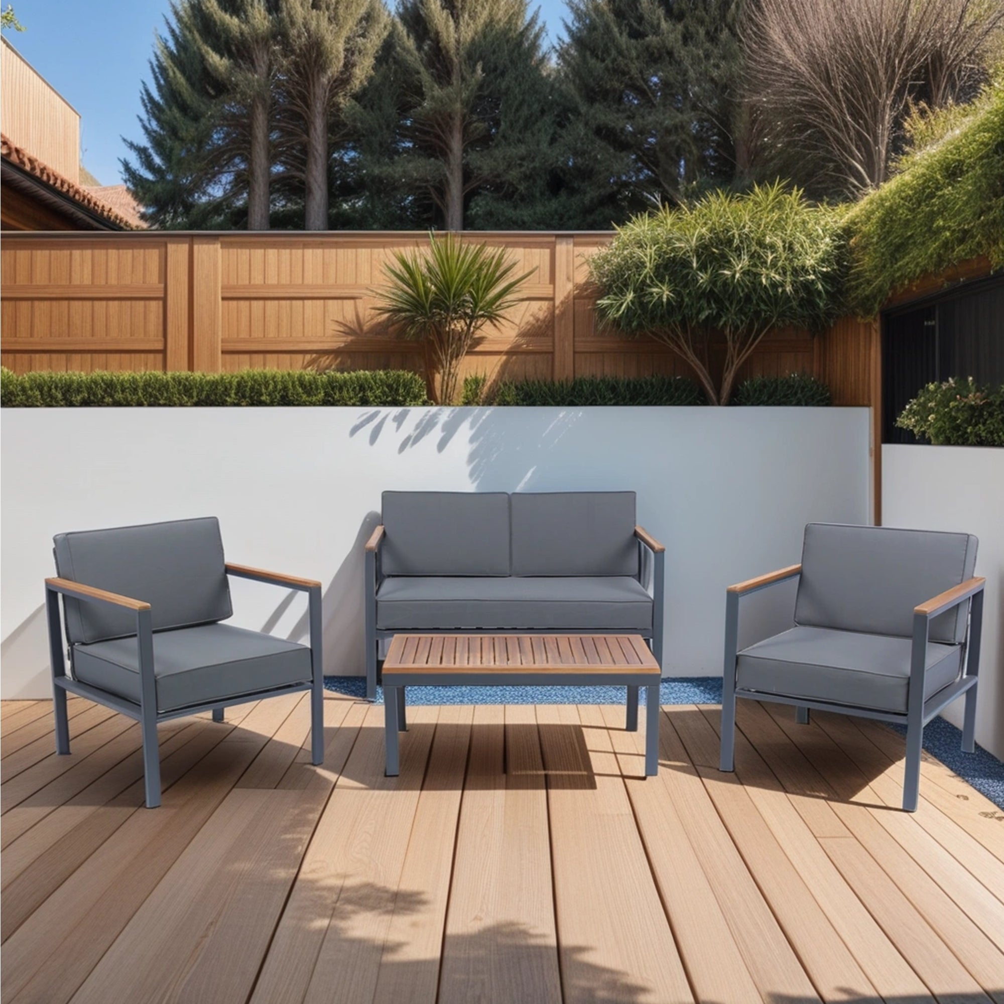 4-Piece Outdoor Patio Sofa Set with Acacia Wood Top and Dark Grey Cushion BOELEPCS01GR