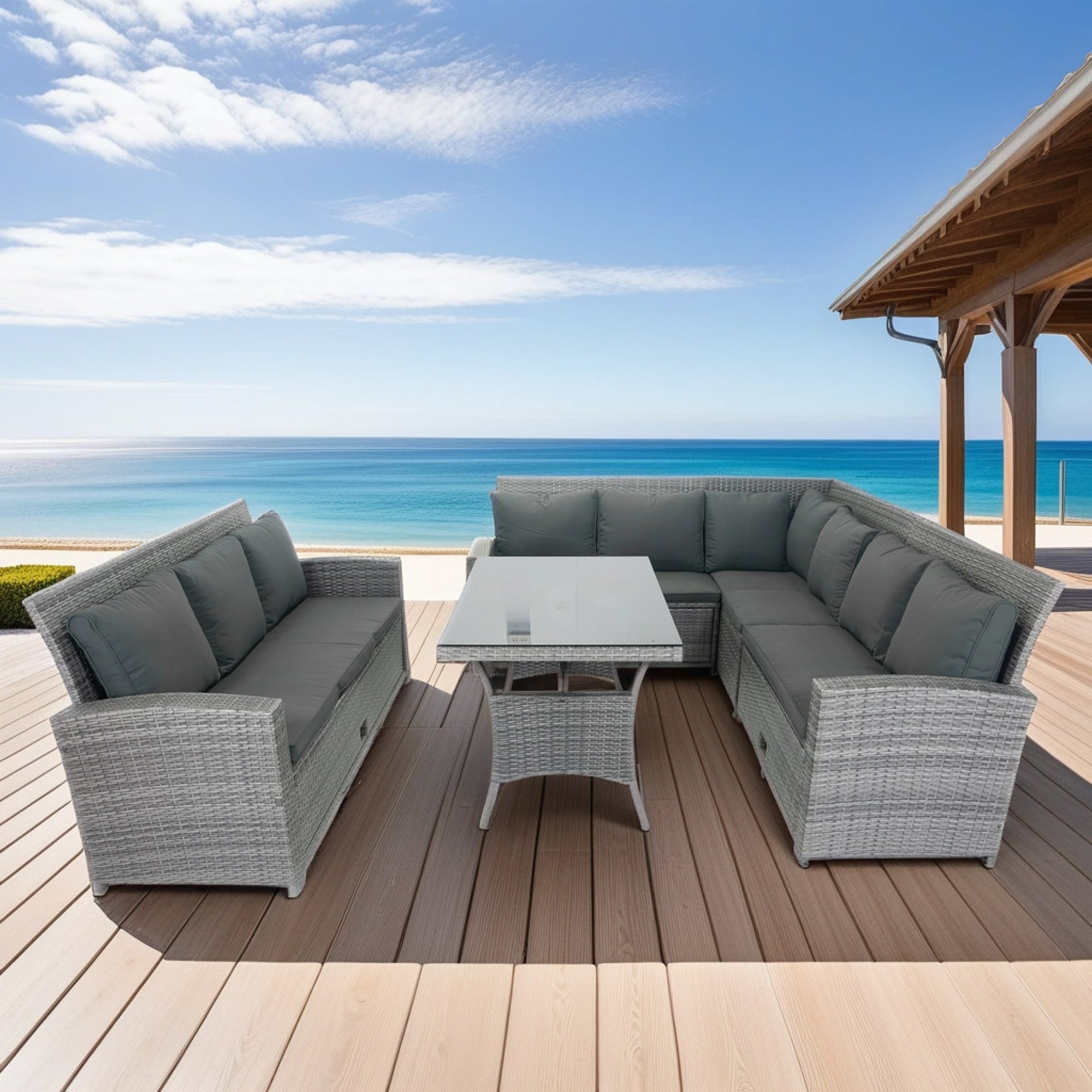 5-Piece Outdoor Patio wicker Conversation Set with 3 Storage Under Seat and Dark Grey Cushion JMELEPCS03GR