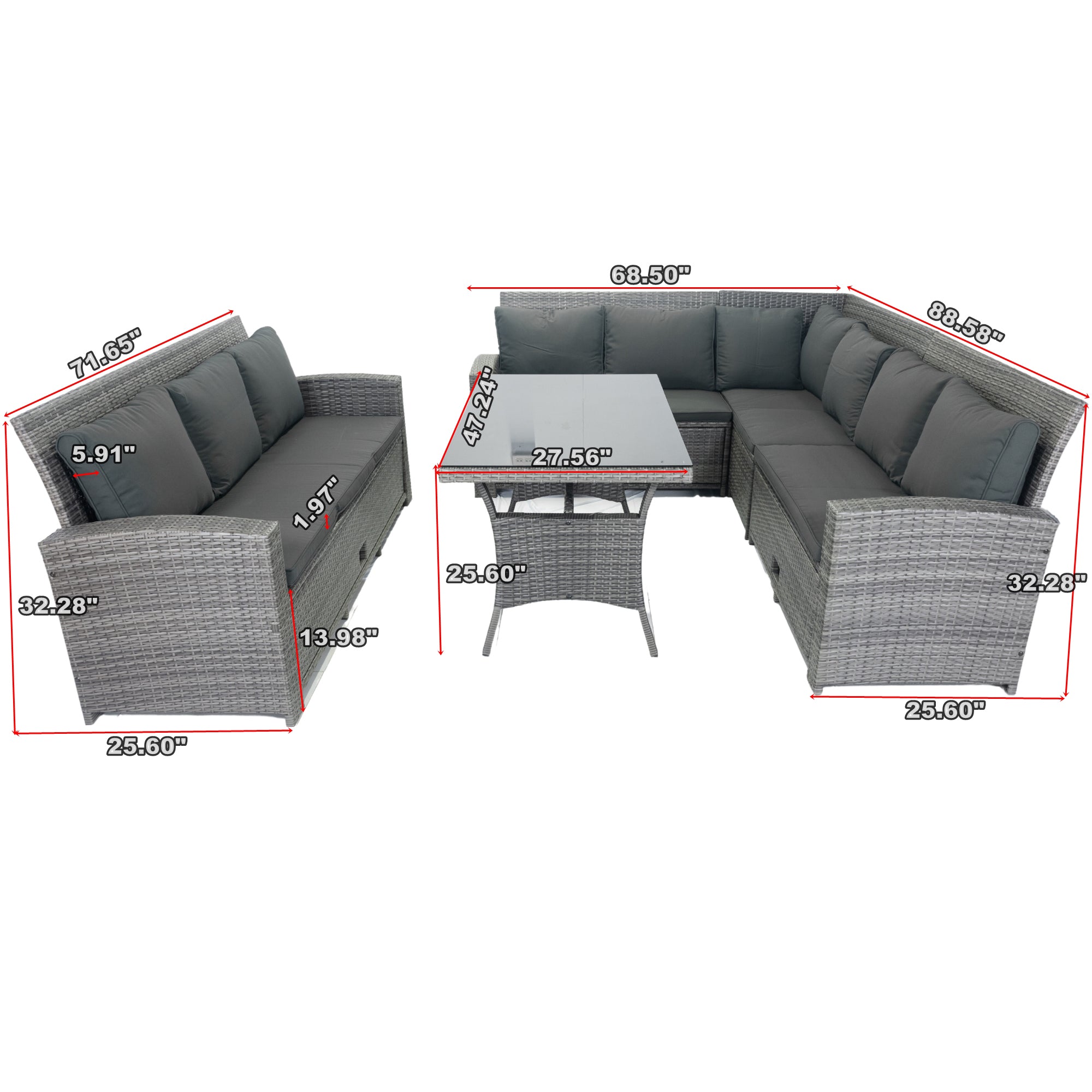 5-Piece Outdoor Patio wicker Conversation Set with 3 Storage Under Seat and Dark Grey Cushion JMELEPCS03GR