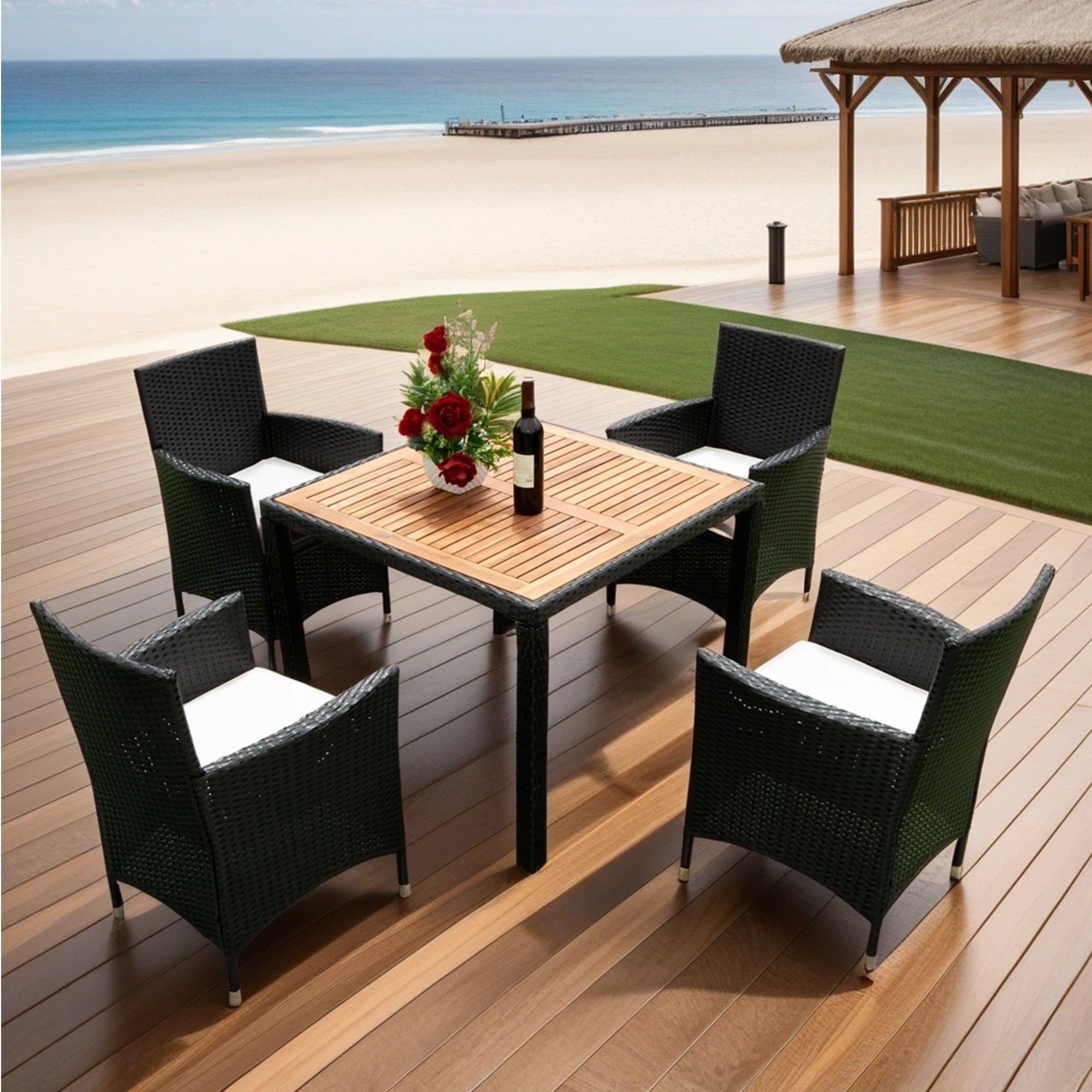 5-piece Outdoor Patio Wicker Dining Set with Acacia Wood Top and Creme Cushion BOELEPD05B-CR