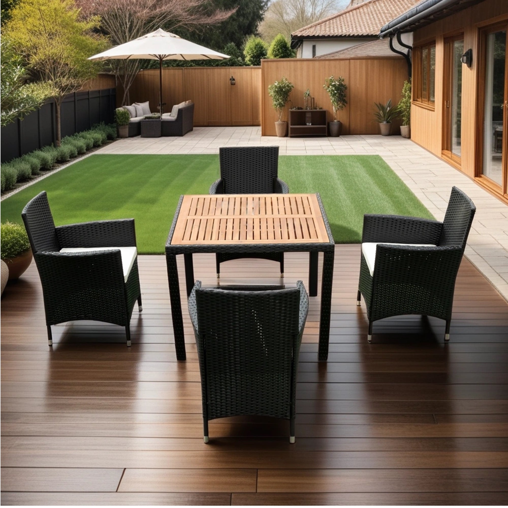 5-piece Outdoor Patio Wicker Dining Set with Acacia Wood Top and Creme Cushion BOELEPD05B-CR