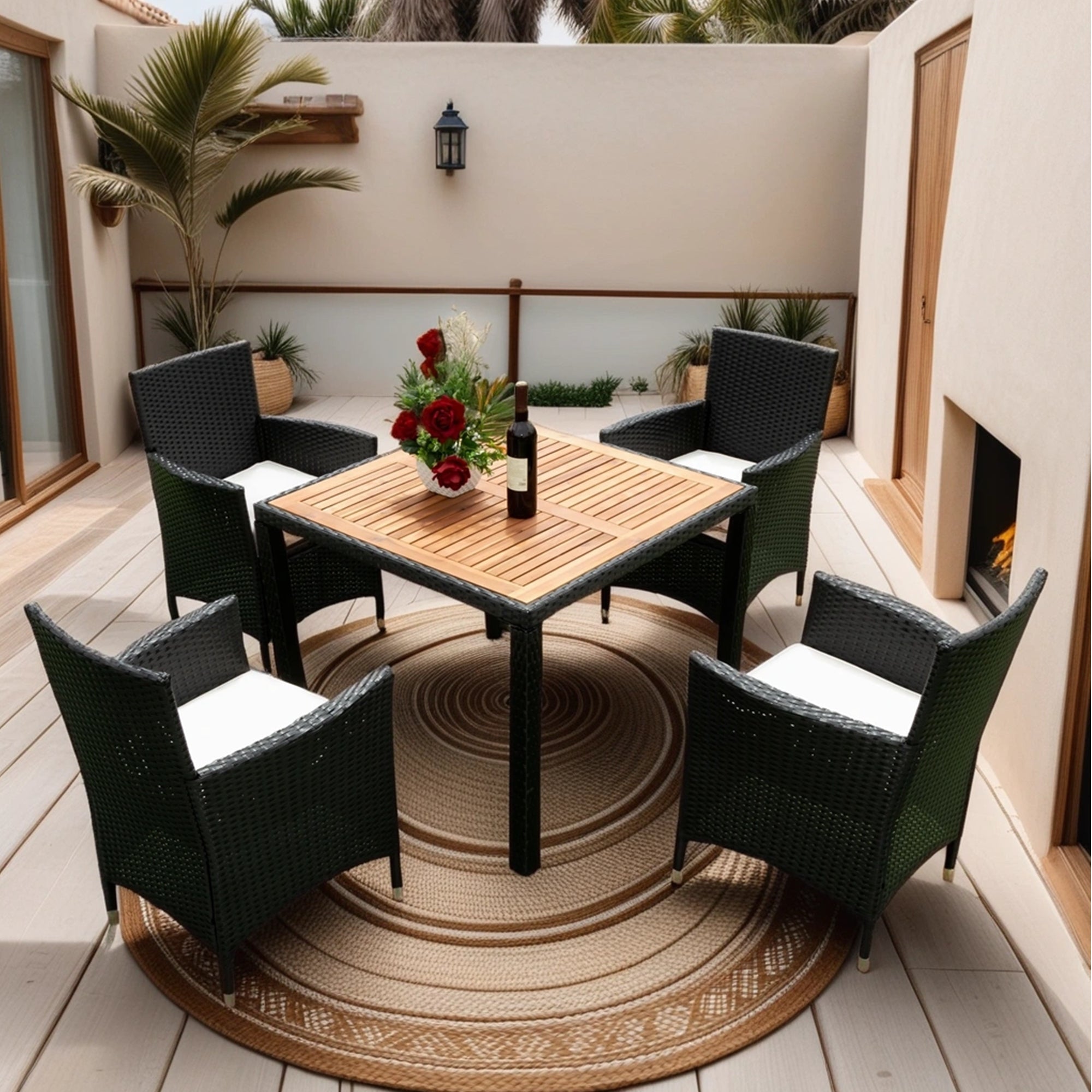 5-piece Outdoor Patio Wicker Dining Set with Acacia Wood Top and Creme Cushion BOELEPD05B-CR
