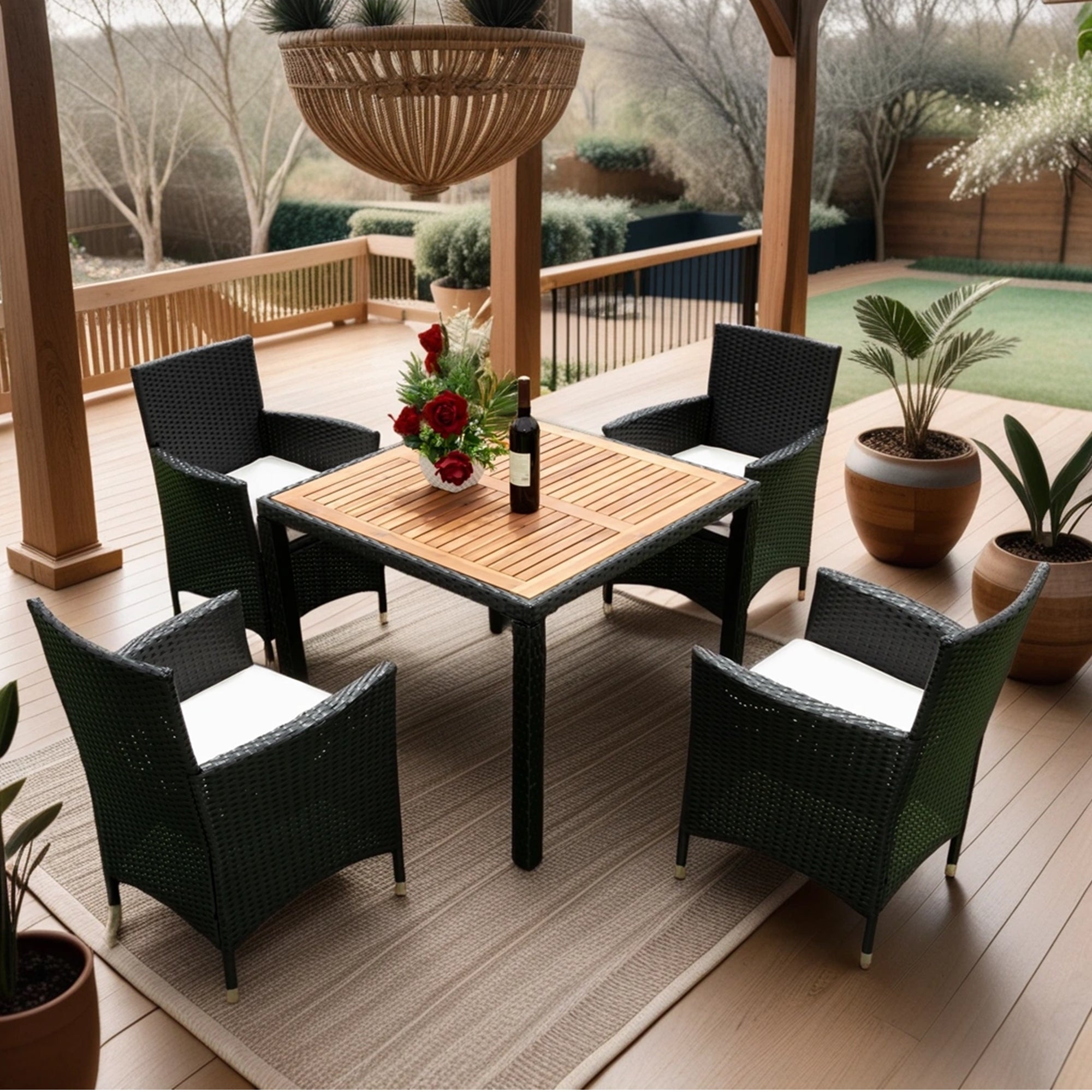 5-piece Outdoor Patio Wicker Dining Set with Acacia Wood Top and Creme Cushion BOELEPD05B-CR