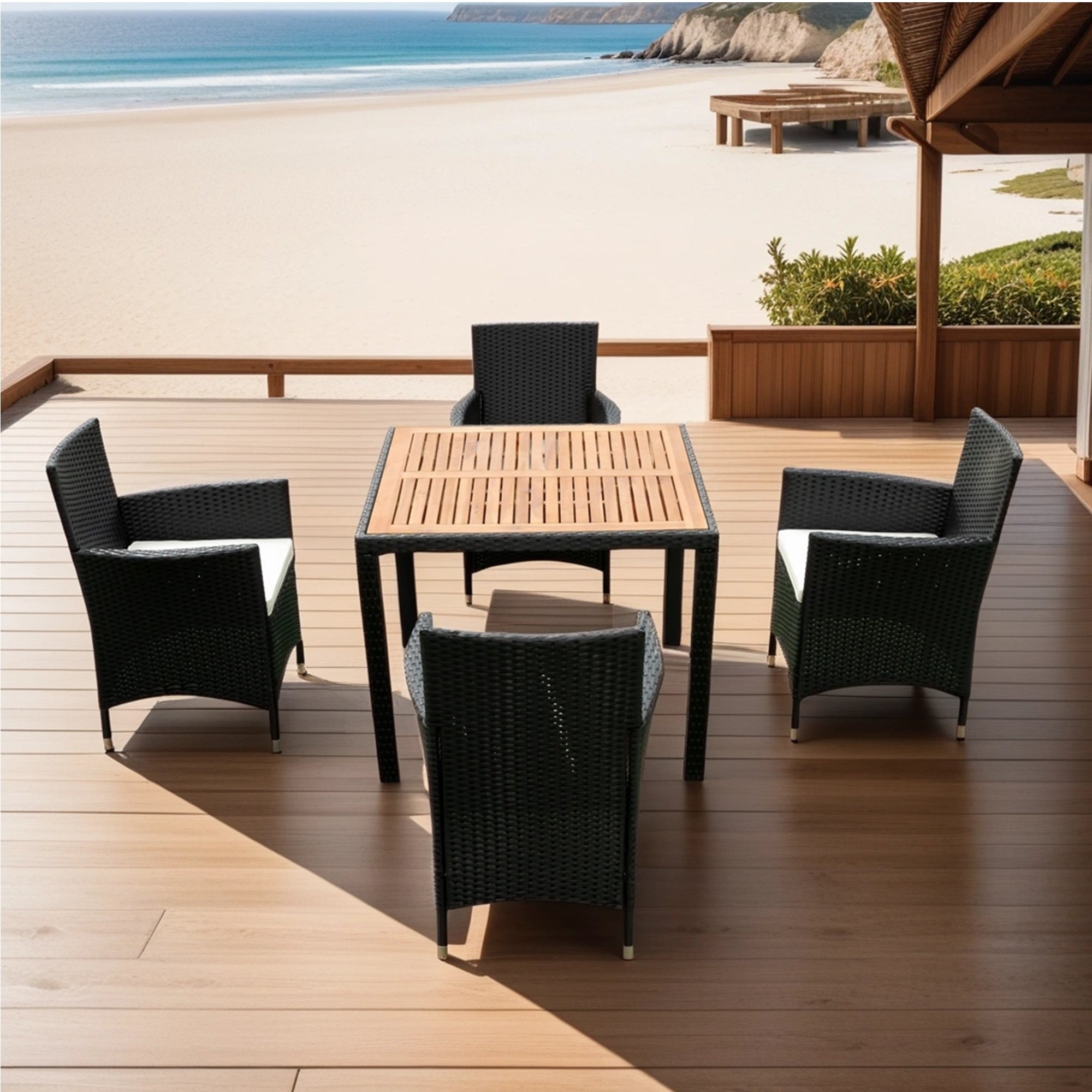 5-piece Outdoor Patio Wicker Dining Set with Acacia Wood Top and Creme Cushion BOELEPD05B-CR
