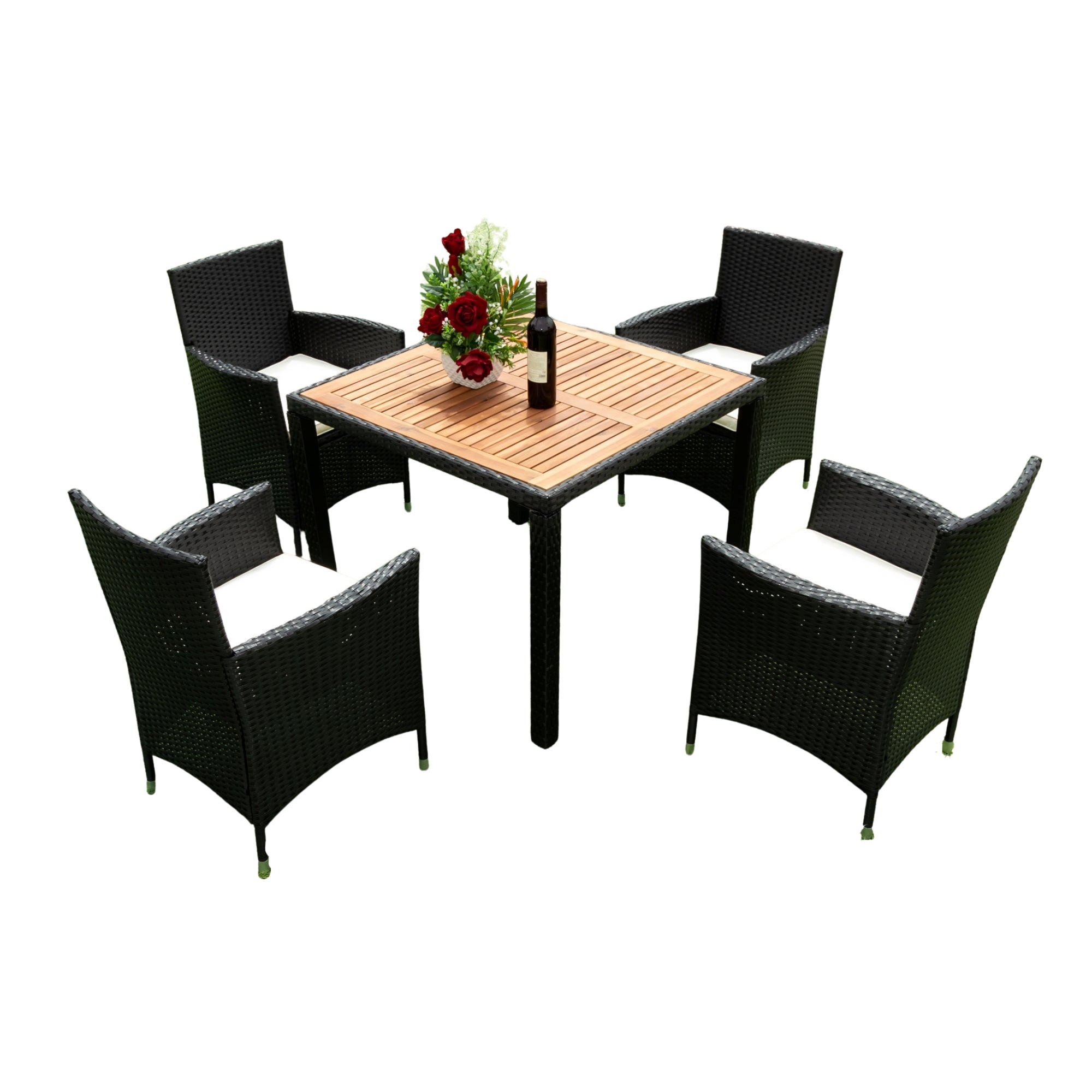 5-piece Outdoor Patio Wicker Dining Set with Acacia Wood Top and Creme Cushion BOELEPD05B-CR