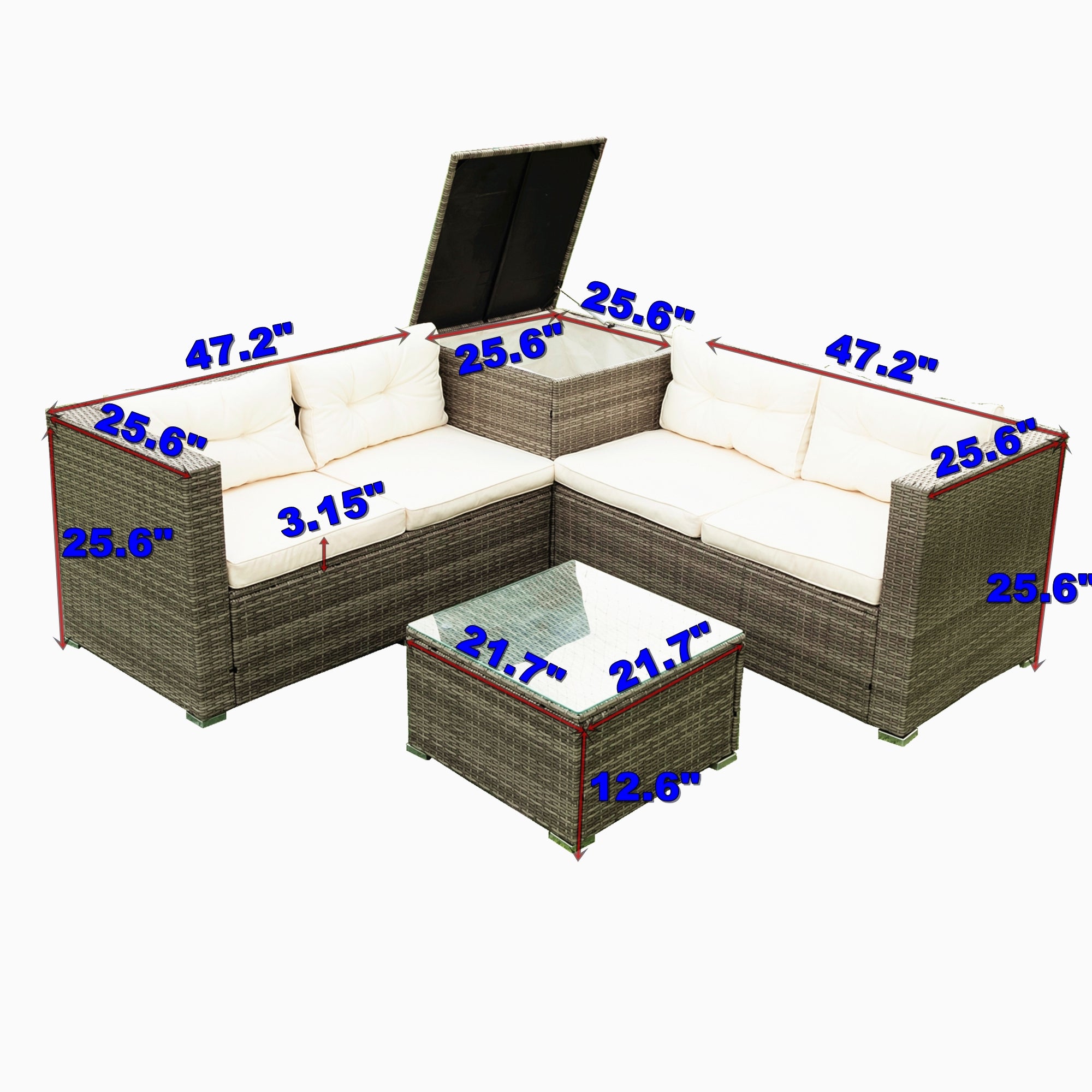 4-Piece Outdoor Patio Wicker Rattan Sectional Sofa Set with Storage Box and Cushions BOELEPS01TA-CR