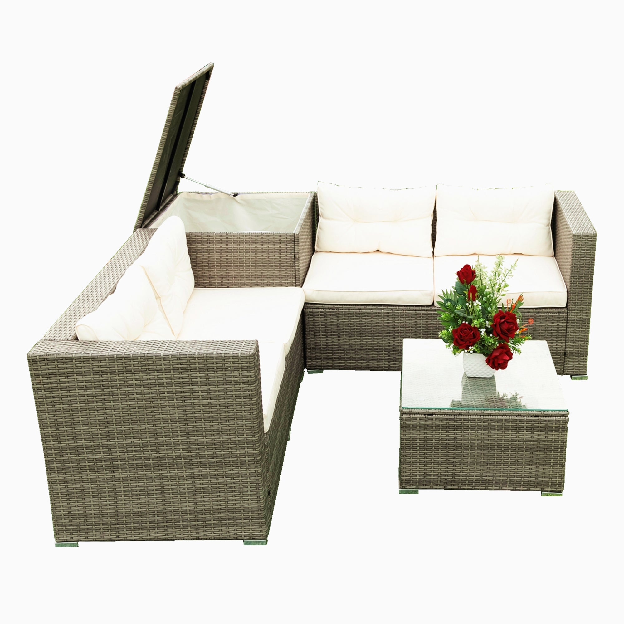 4-Piece Outdoor Patio Wicker Rattan Sectional Sofa Set with Storage Box and Cushions BOELEPS01TA-CR