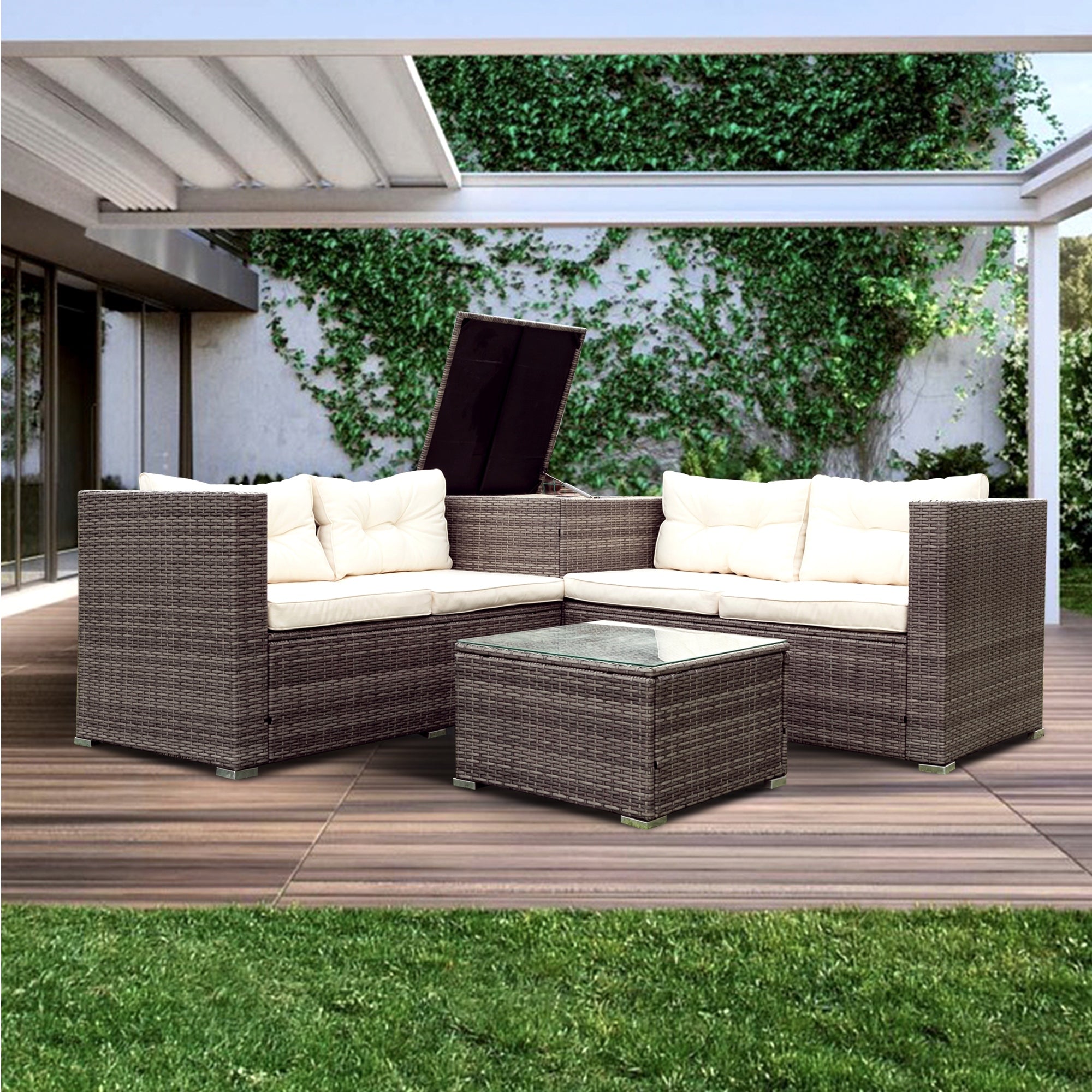 4-Piece Outdoor Patio Wicker Rattan Sectional Sofa Set with Storage Box and Cushions BOELEPS01TA-CR