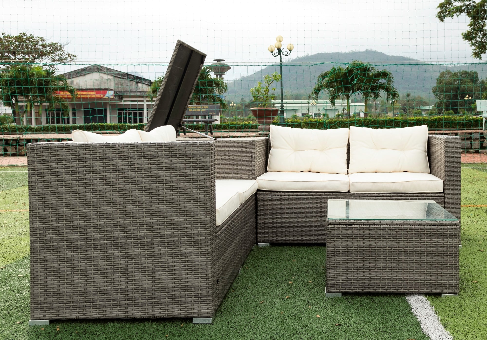 4-Piece Outdoor Patio Wicker Rattan Sectional Sofa Set with Storage Box and Cushions BOELEPS01TA-CR