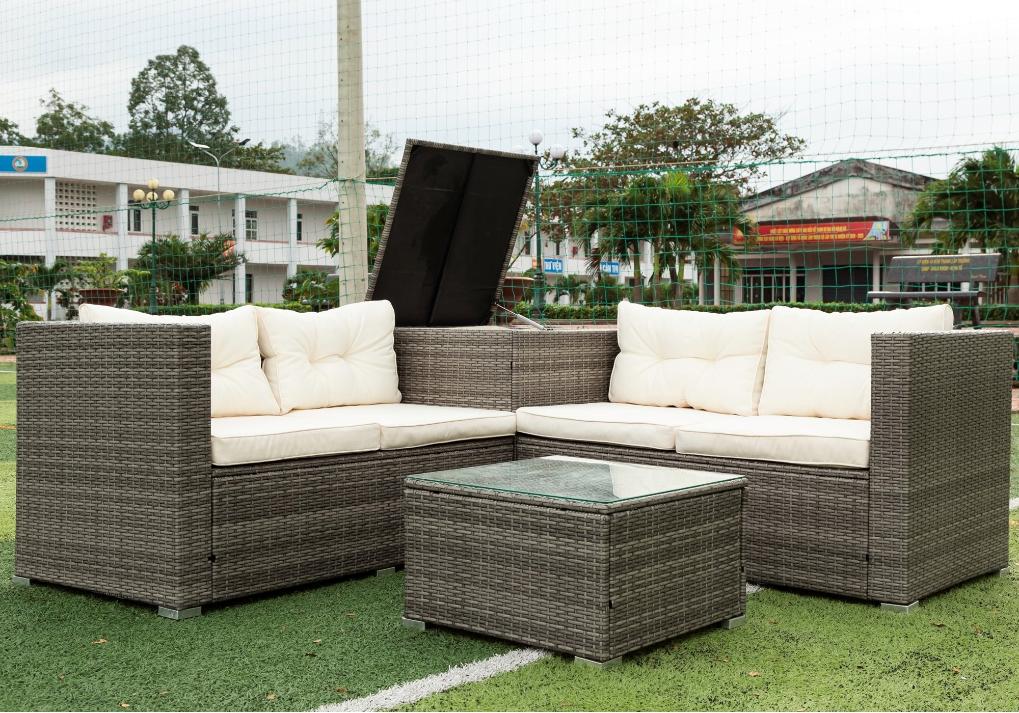 4-Piece Outdoor Patio Wicker Rattan Sectional Sofa Set with Storage Box and Cushions BOELEPS01TA-CR