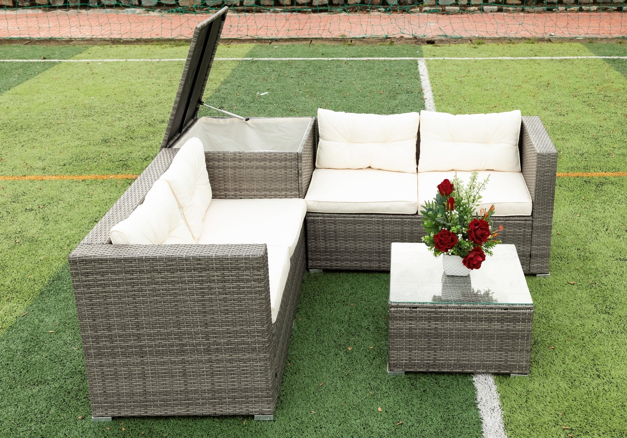 4-Piece Outdoor Patio Wicker Rattan Sectional Sofa Set with Storage Box and Cushions BOELEPS01TA-CR