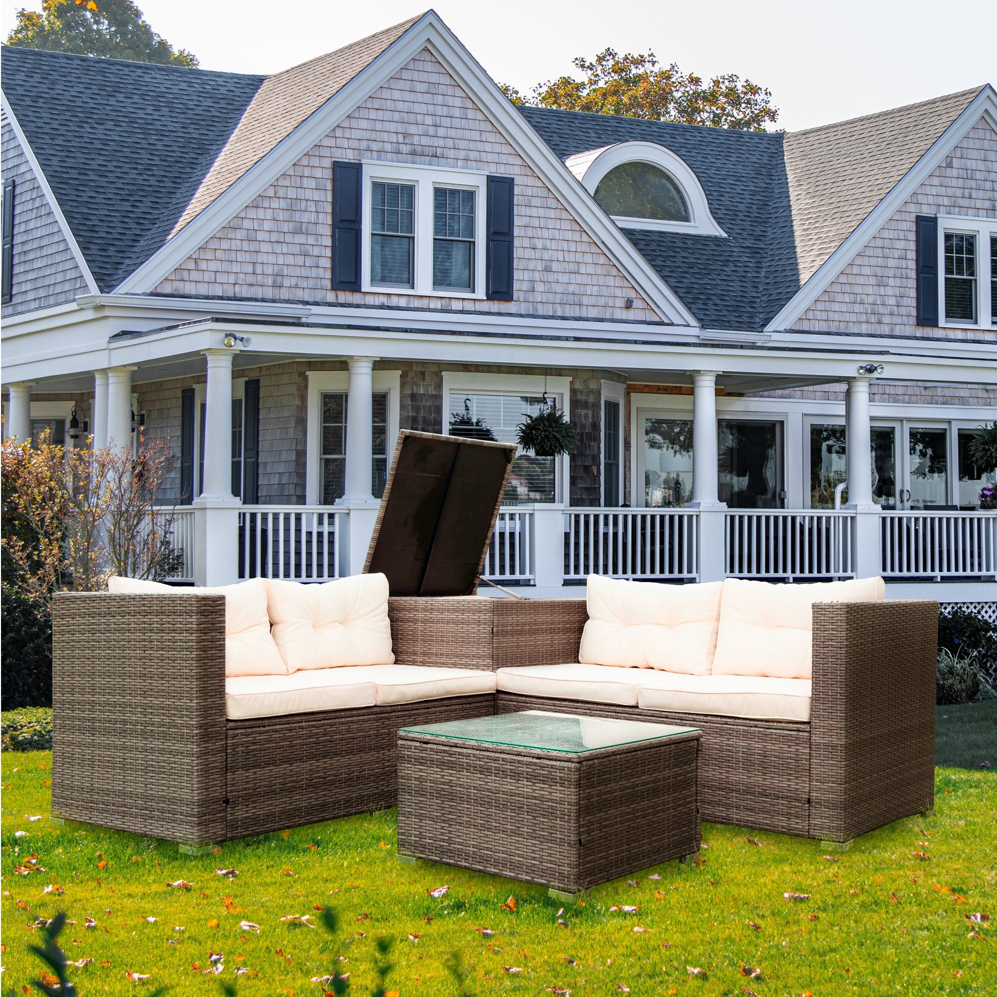 4-Piece Outdoor Patio Wicker Rattan Sectional Sofa Set with Storage Box and Cushions BOELEPS01TA-CR