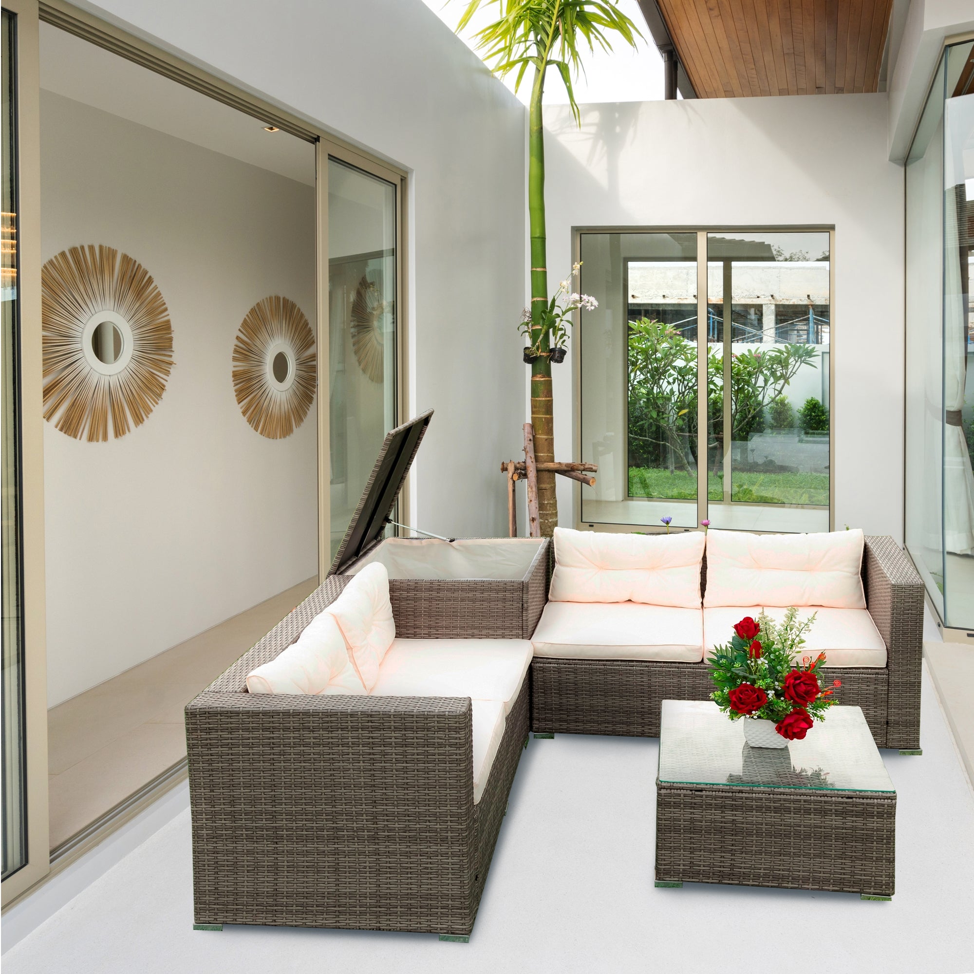 4-Piece Outdoor Patio Wicker Rattan Sectional Sofa Set with Storage Box and Cushions BOELEPS01TA-CR