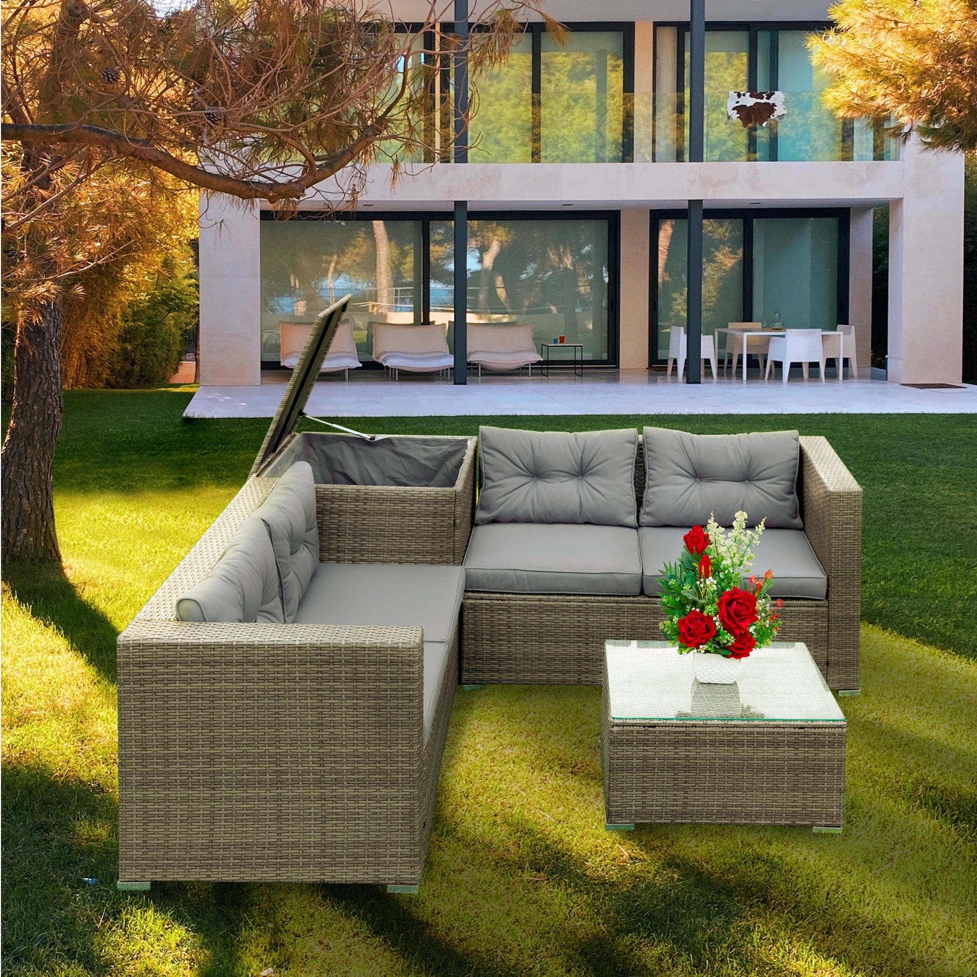 4-Piece Outdoor Patio Wicker Rattan Sectional Sofa Set with Storage Box and Cushions BOELEPS01TA-GR