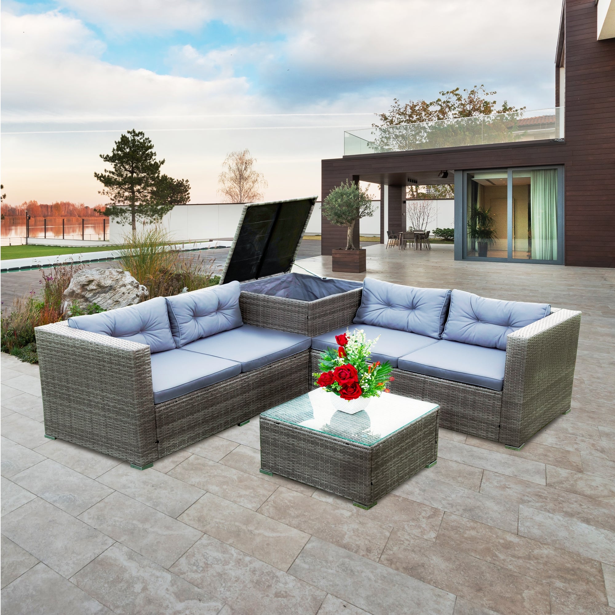 4-Piece Outdoor Patio Wicker Rattan Sectional Sofa Set with Storage Box and Cushions BOELEPS01TA-GR