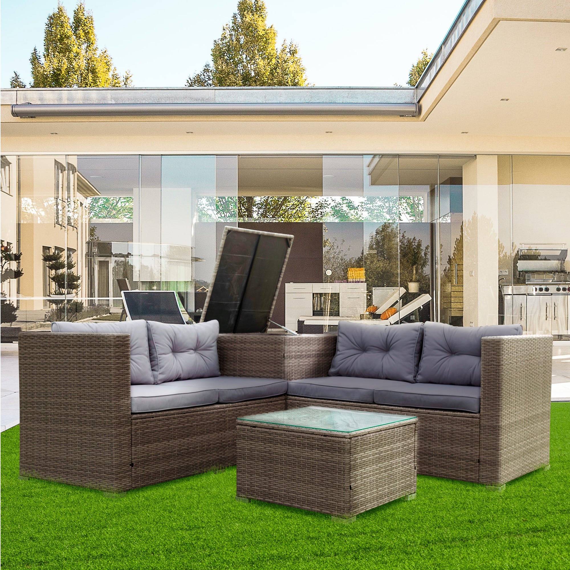 4-Piece Outdoor Patio Wicker Rattan Sectional Sofa Set with Storage Box and Cushions BOELEPS01TA-GR