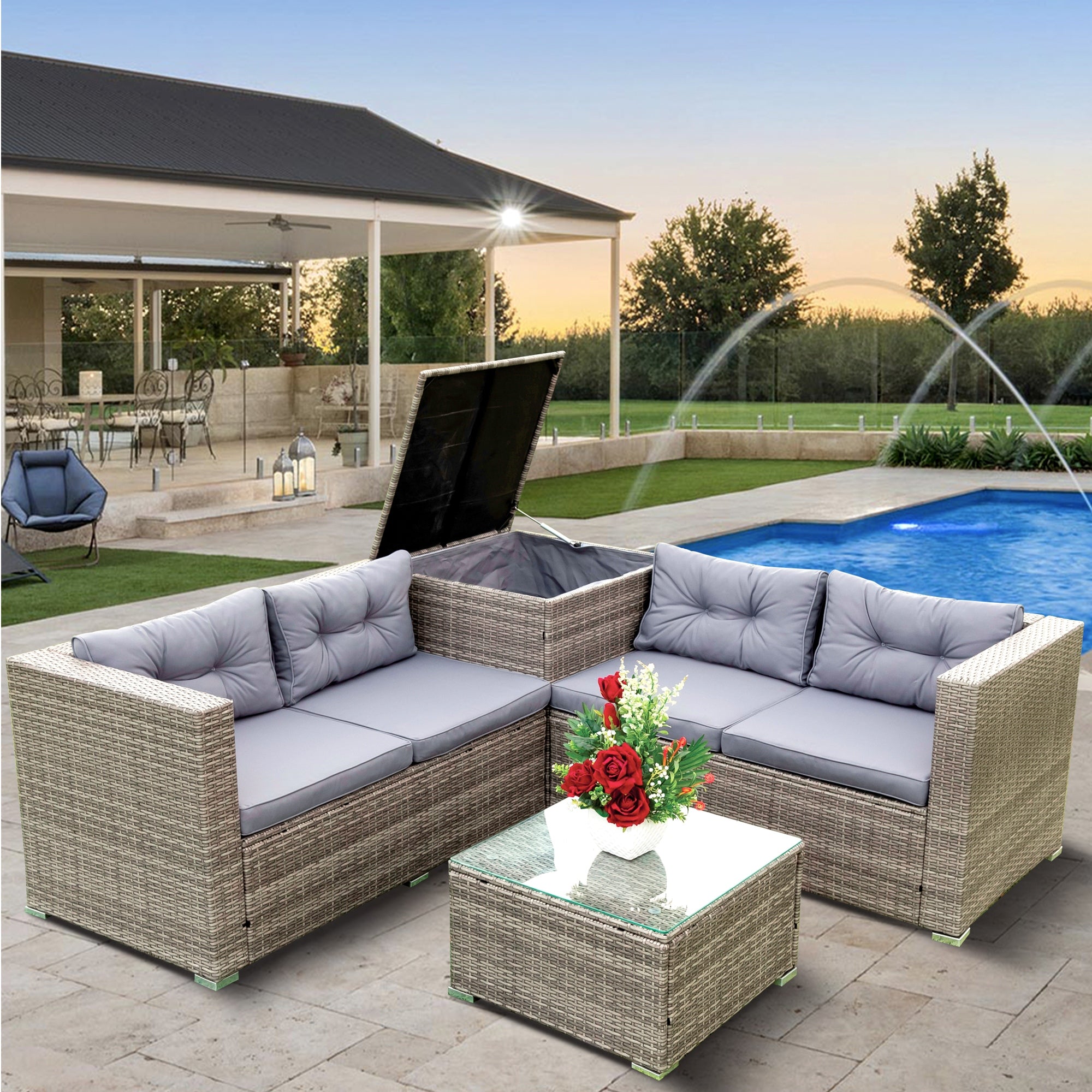 4-Piece Outdoor Patio Wicker Rattan Sectional Sofa Set with Storage Box and Cushions BOELEPS01TA-GR