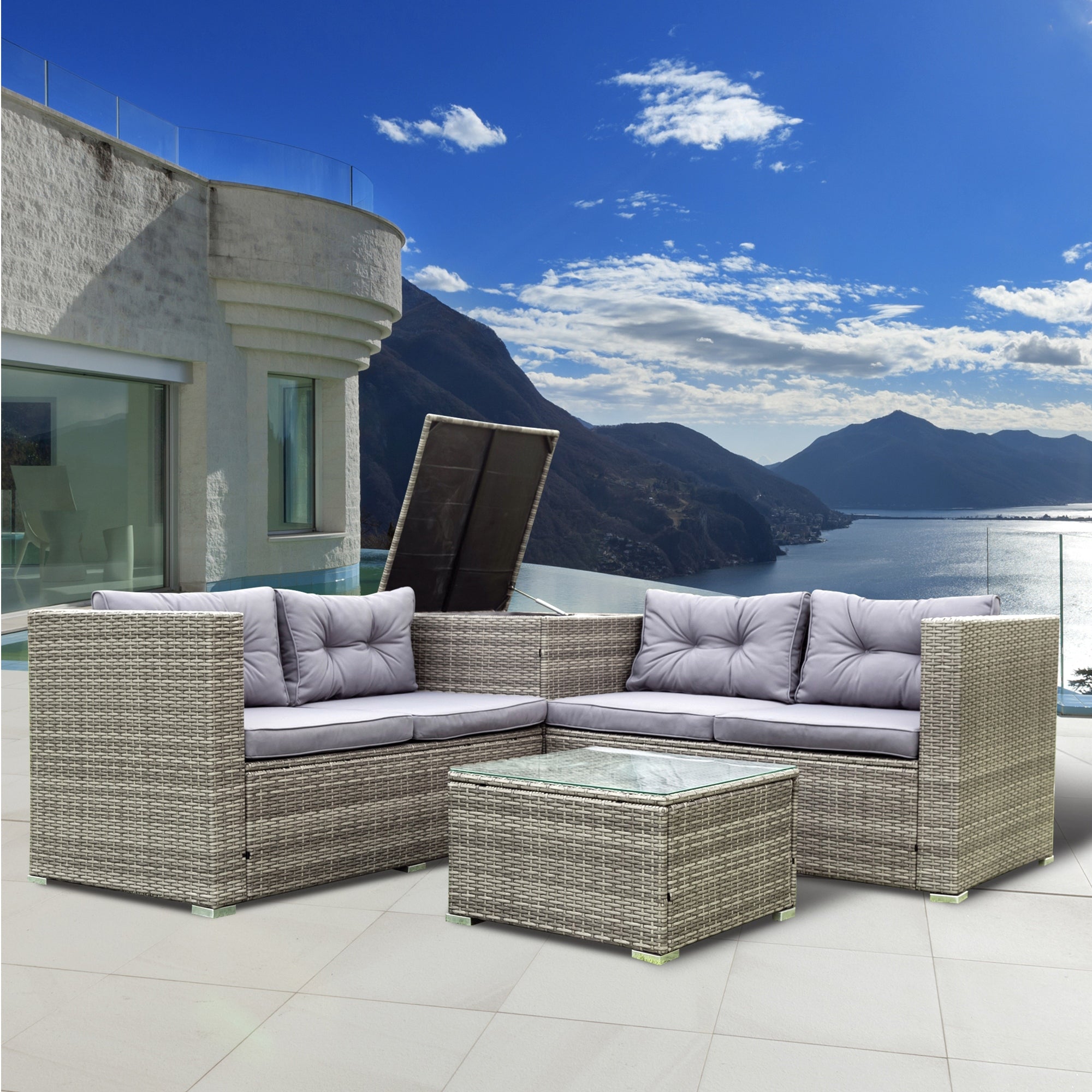 4-Piece Outdoor Patio Wicker Rattan Sectional Sofa Set with Storage Box and Cushions BOELEPS01TA-GR
