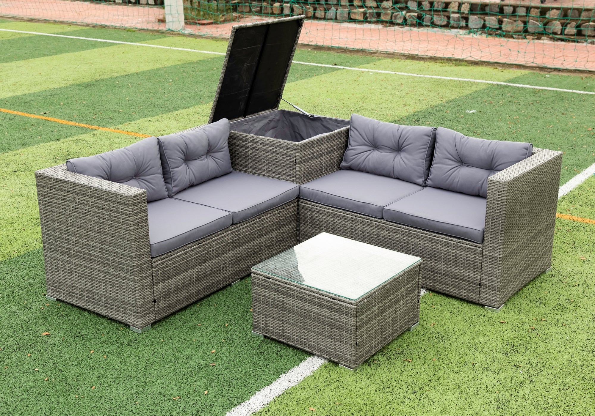 4-Piece Outdoor Patio Wicker Rattan Sectional Sofa Set with Storage Box and Cushions BOELEPS01TA-GR