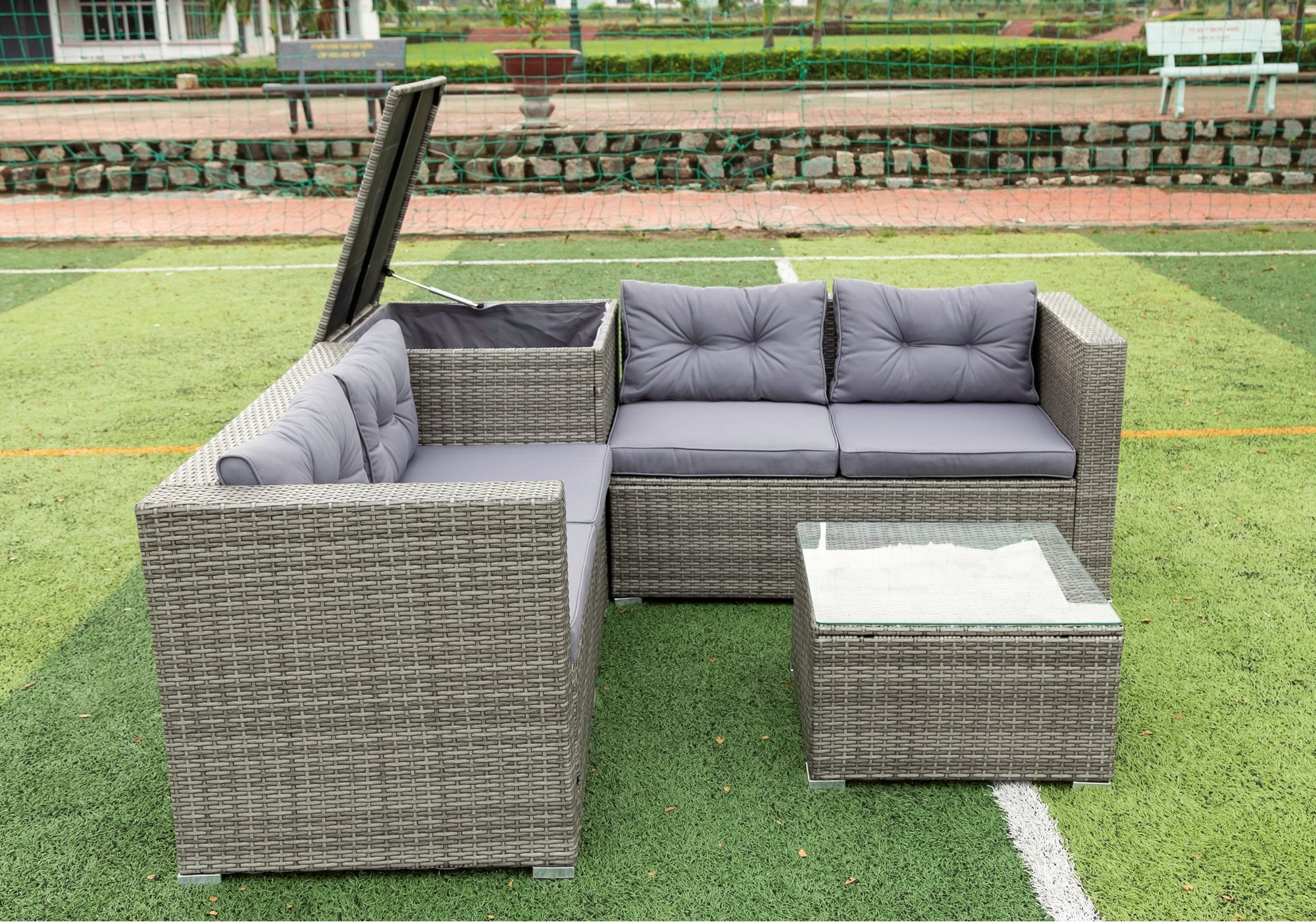 4-Piece Outdoor Patio Wicker Rattan Sectional Sofa Set with Storage Box and Cushions BOELEPS01TA-GR